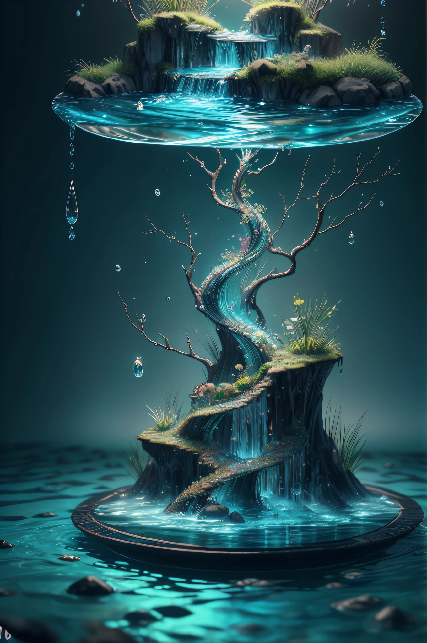 obra-prima da escultura de cristal, com plantas aquaticas naturais dentro, kingyo, water, brilho, fantasia, alta qualidade, alto detalhe, melhor qualidade, rtx, 4k, 8k,