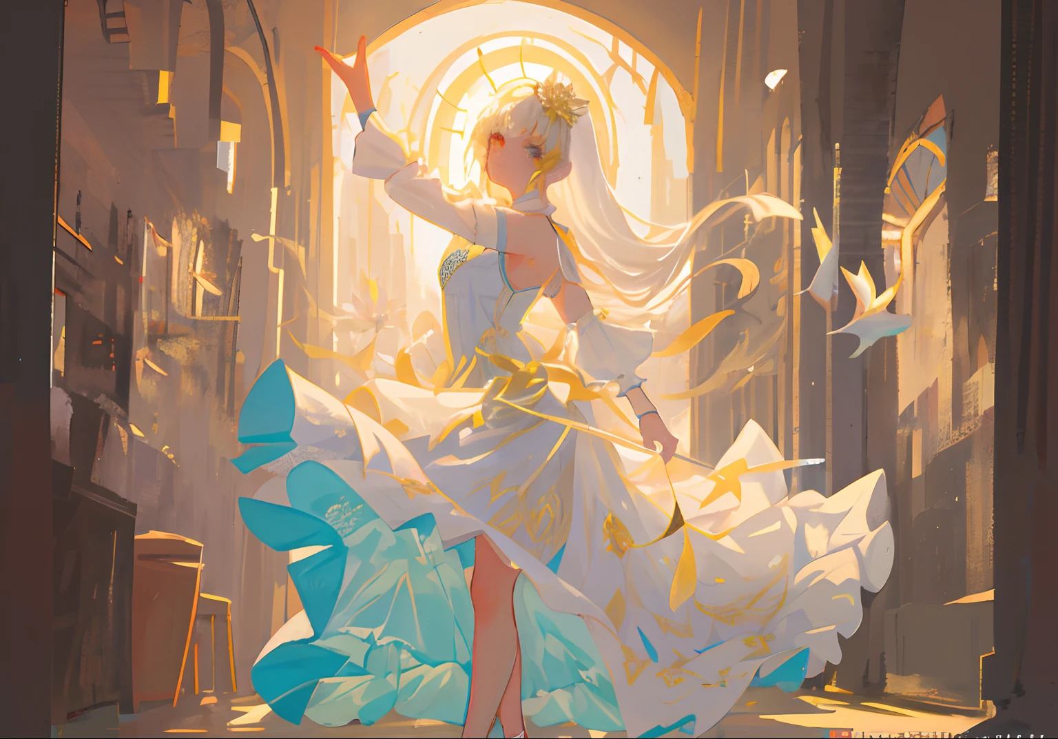 (Need,tmasterpiece),1girll,Pose,Particle,ventania,florals,The upper part of the body,simplebackground,looking at viewert,Focus on the face,blond hairbl,delicated face,cool emoji,Look at the audience