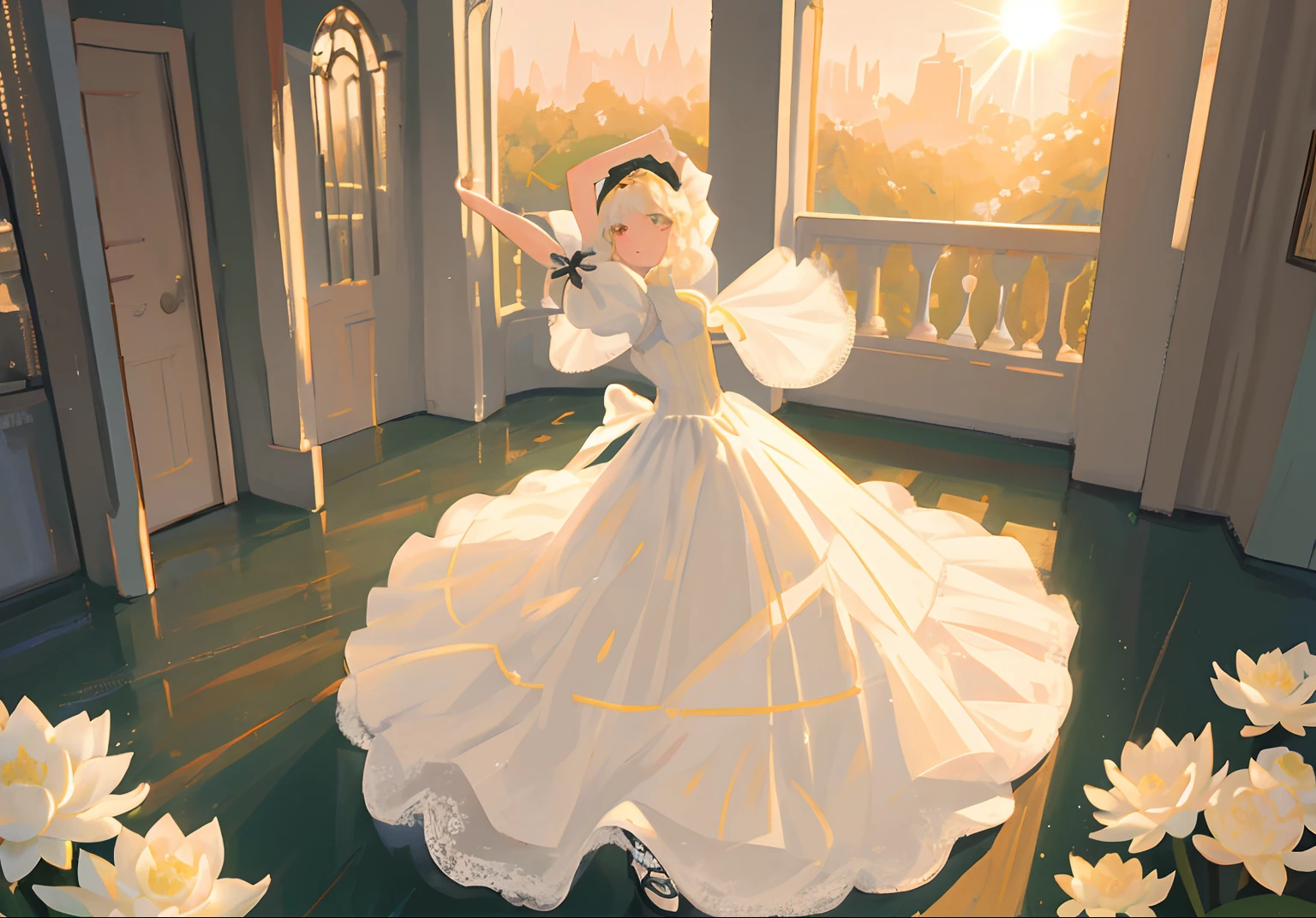 tmasterpiece,best qualtiy,ultra - detailed,illustratio,sportrait,1girl7. Dancers in the morning sun:A dancer of pure white,Wearing a tulle dance dress,Under the rays of the morning sun,Her figure is graceful and light,Like a blooming white lotus。
