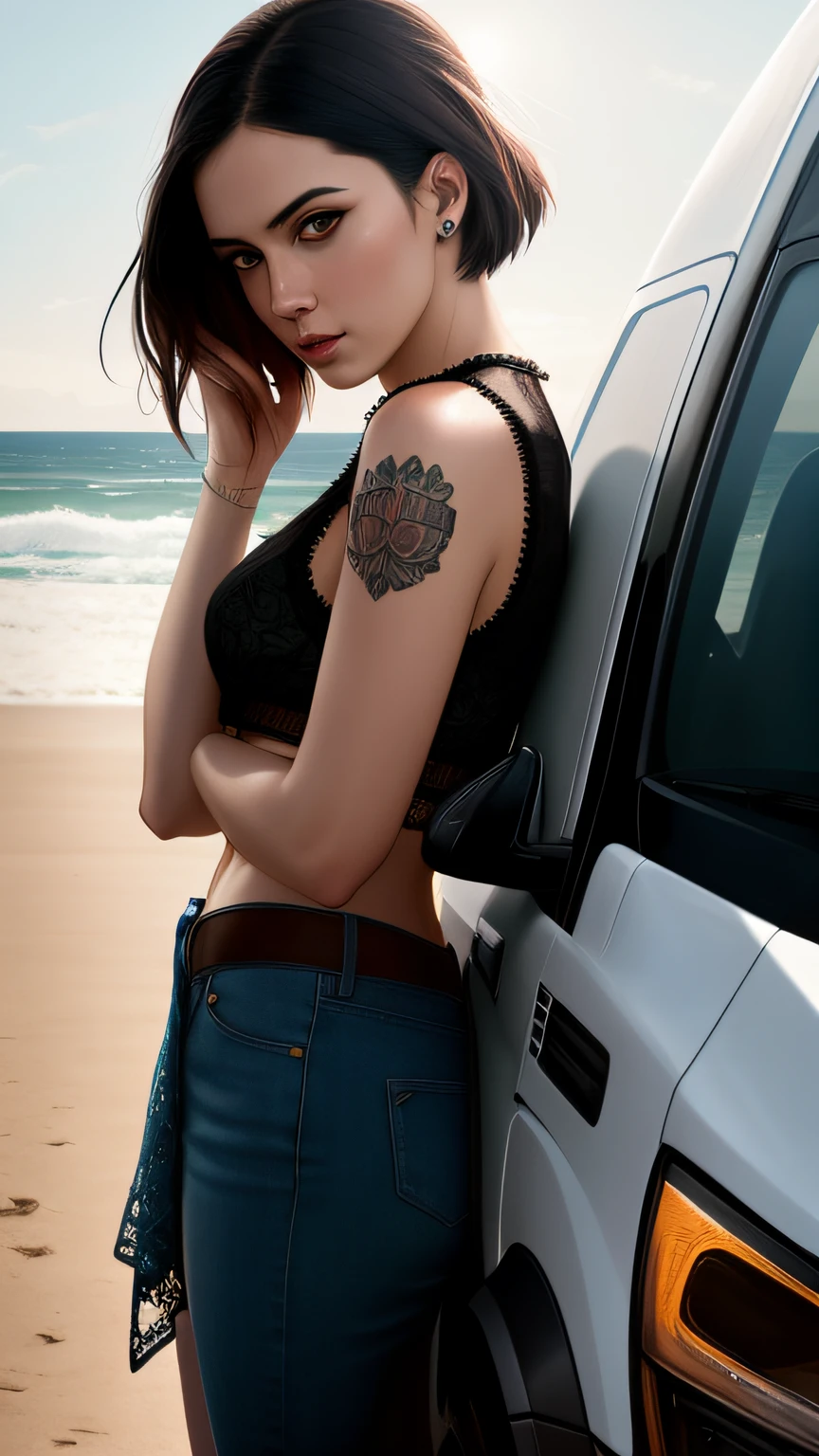 photo of the most beautiful artwork in the world featuring a modern punk woman, leaning against a van on a California beach, trending on ArtStation, CGSociety, Intricate, High Detail, Sharp focus, dramatic, photorealistic painting art by greg Rutkowski