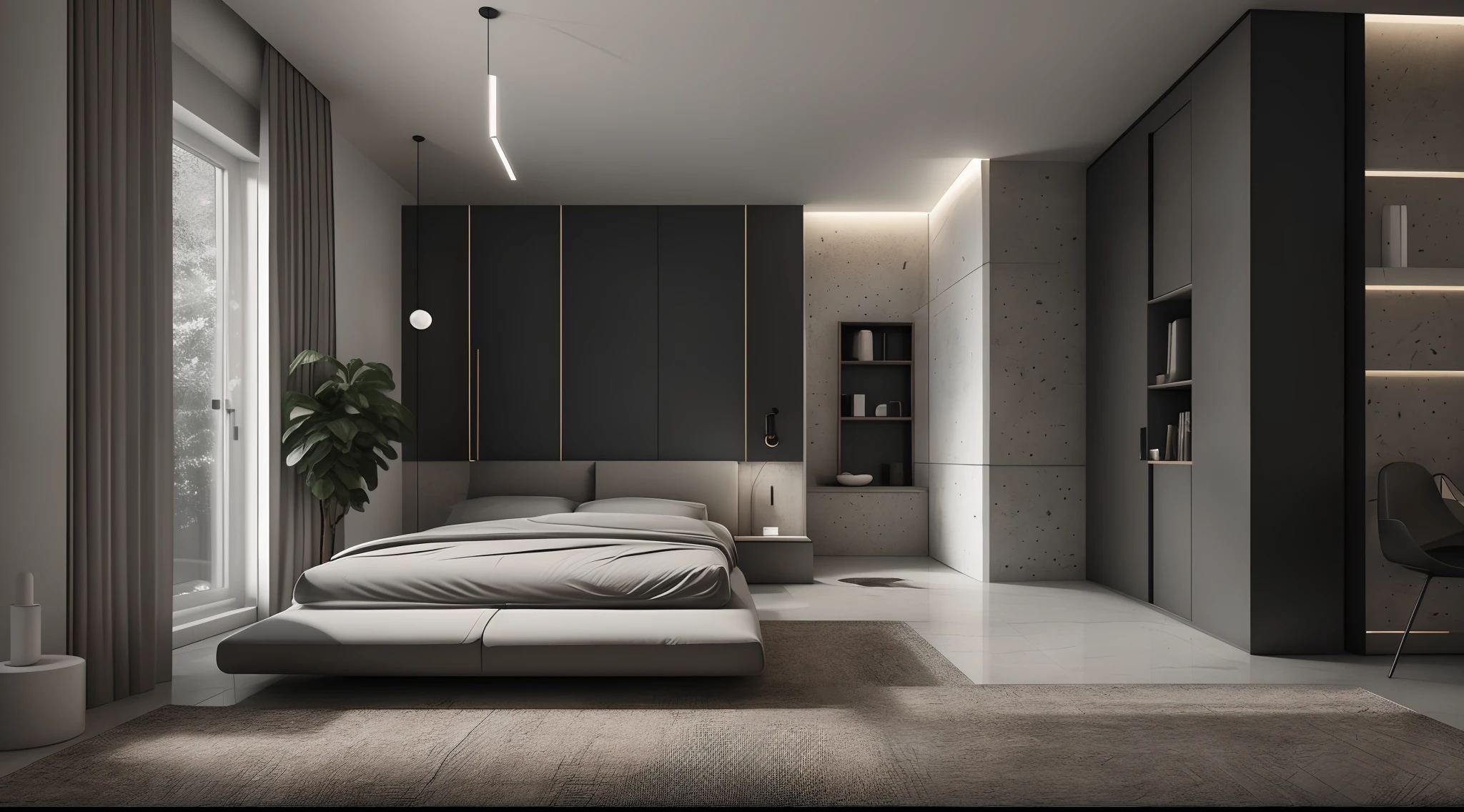 Interior design，liveroom，European minimalist style，Minimalist，Nordic style，(Black-gray tones)，Black furniture，Multi-angle display，a 3D render、cozy indoor lighting、8K，terrazzo，janelas，Simple wall lamp，Concise wind，broad,floor to ceiling window,Dark floor tiles，Cold