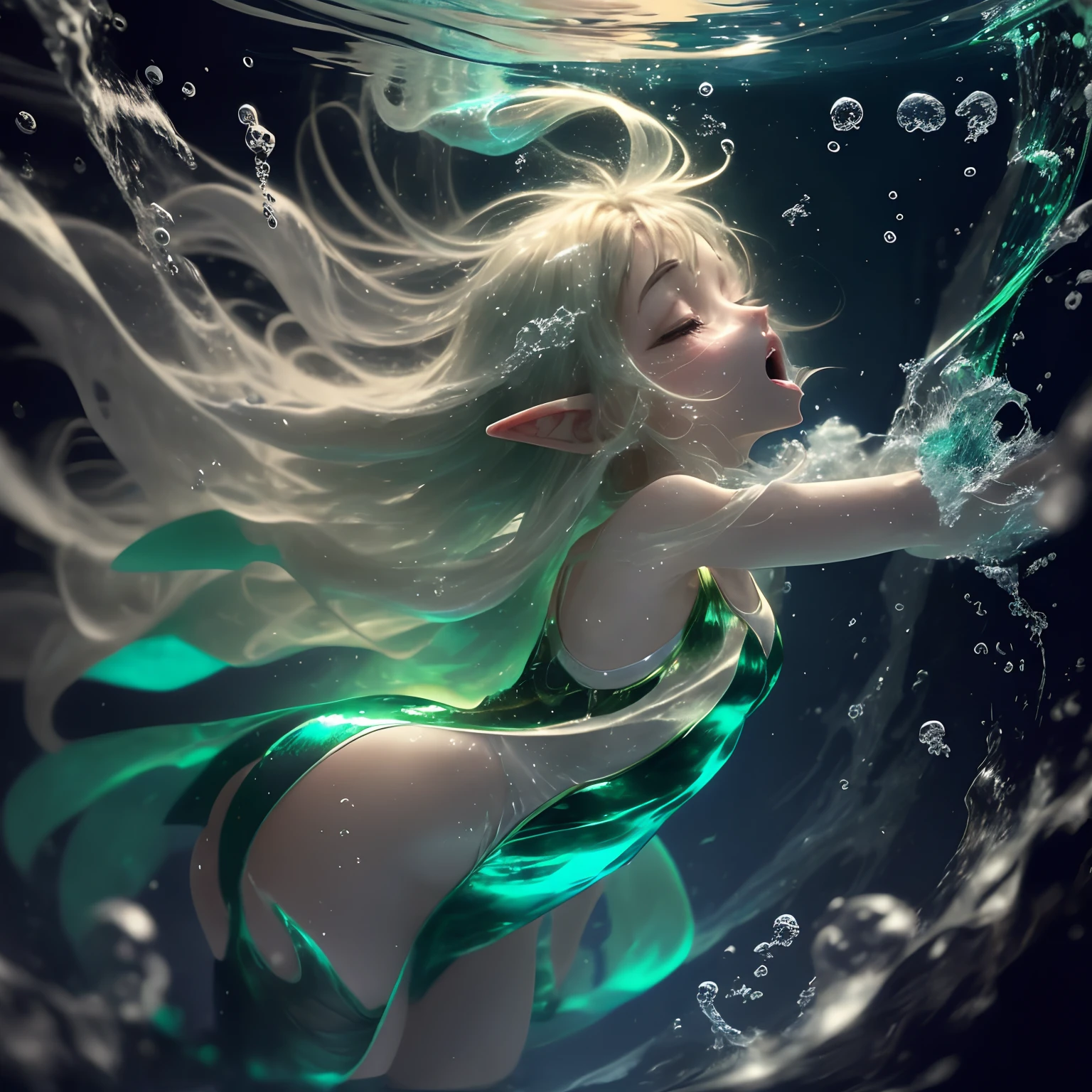 A young elf sinks to the bottom of the water、Wearing long gloves on your arms、Wearing sheer tights on the legs、long-haired bright green color、Wearing a shiny green sheer leotard dress、Implicit panty shots、Jump into the water and sink to the bottom of the ocean、laying on back、Chest up、Turning the butt down、Right arm forward、Left arm behind your back、Troubled face、Open your eyes wide、Open your mouth slightly and exhale、Spit out elongated foam from the mouth、hard breathing、arched back、Thrust hips、legs open back and forth、profile、Full body view、bblurry、Many intense bubbles、dynamic ungle