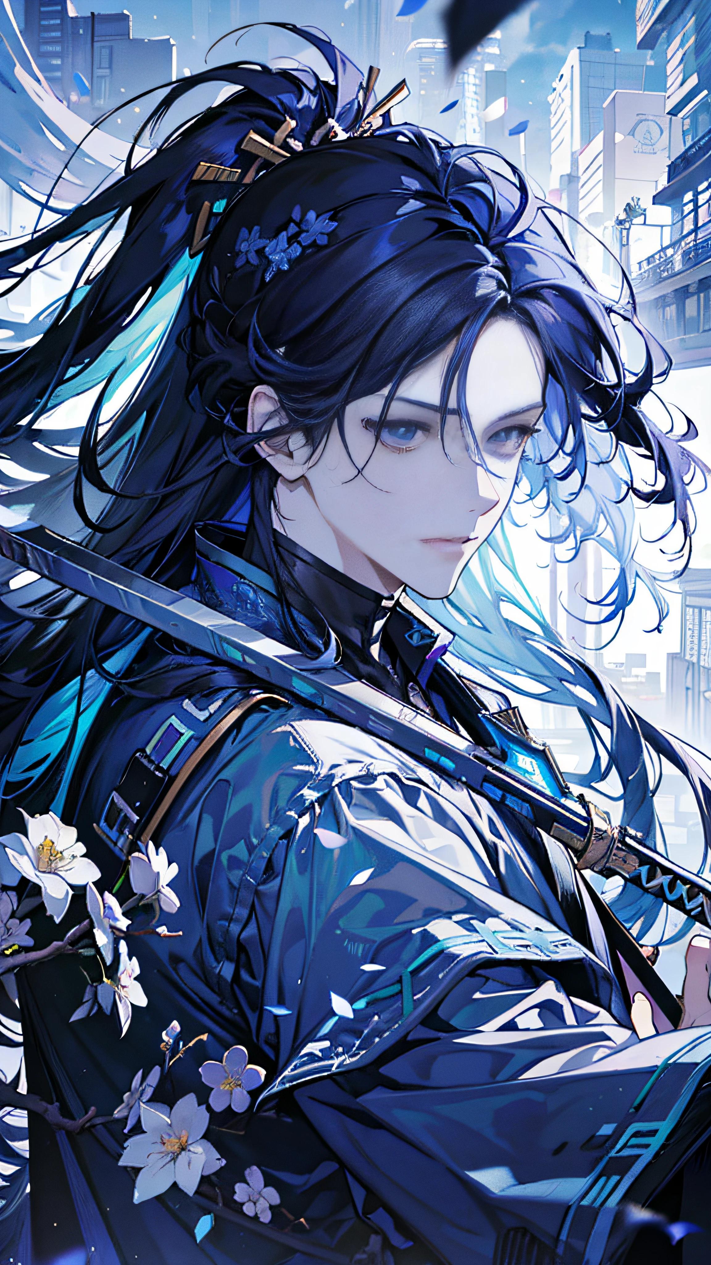 Blue-purple style, looking at you, good eyes, messy hair, broken hair, long hair, chivalry, very beautiful cyberpunk digital artwork, male focus, handsome, heroic and sassy, beautiful man, wearing a blue and white kimono, long sword on the shoulder, chivalric style, high-quality detail depiction, blurred background and soft light set off, middle side shooting, middle side perspective, pattern decorations and accessories, broken flowers and flying flowers, rich fog surrounding, light and shadow change extremely exquisite. Anime style 4k wallpaper.
