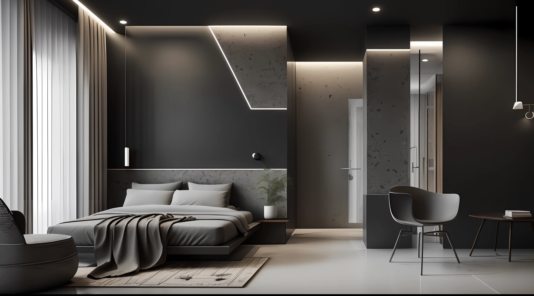 Interior design，liveroom，European minimalist style，Minimalist，Nordic style，(Black-gray tones)，Black furniture，Multi-angle display，a 3D render、cozy indoor lighting、8K，terrazzo，janelas，Simple wall lamp，Concise wind，broad,floor to ceiling window,Dark floor tiles，Cold