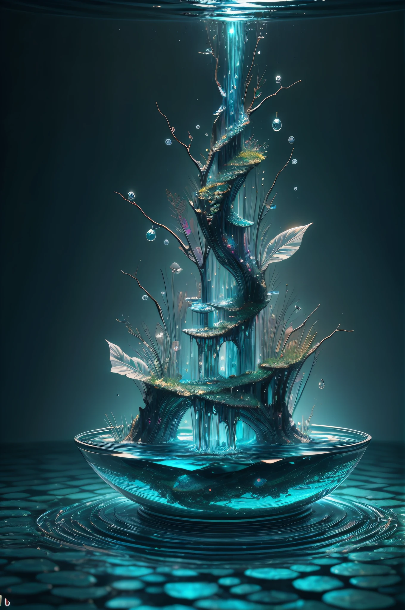 obra-prima da escultura de cristal, com plantas aquaticas naturais dentro, kingyo, water, brilho, fantasia, alta qualidade, alto detalhe, melhor qualidade, rtx, 4k, 8k,