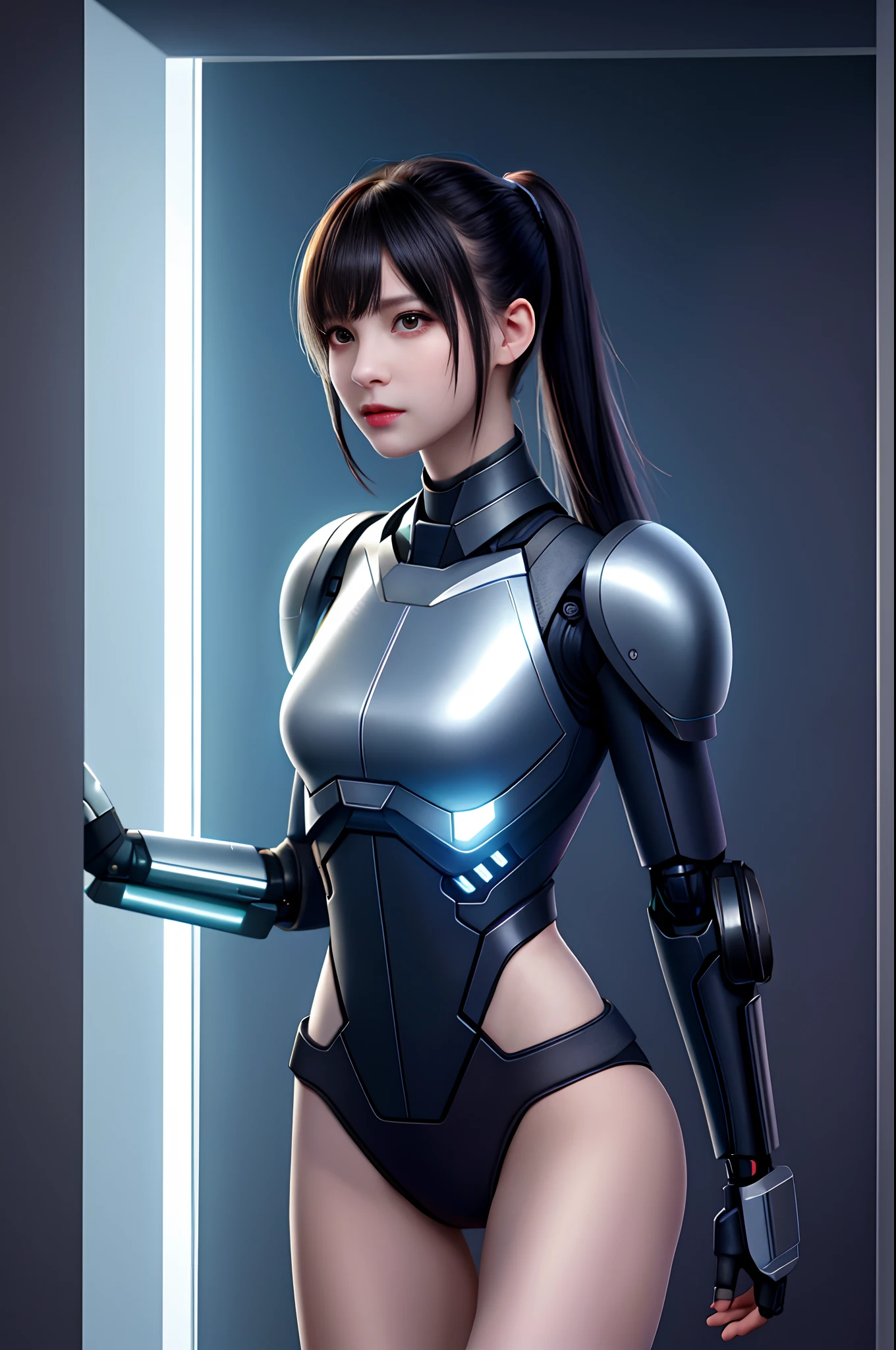 dystopian， [sci-fy]， High-detail RAW color photos， full-shot， 's （cute female arterial intelligence， cybernetically enhanced）， inside in room， standing on your feet， （In a cryogenic chamber， In a state-of-the-art cyberpunk research facility）， Toned physique， （Small lively breasts， Normal， big assa，pony tails （paleskin）， （cybernetic implants：1.2）， （enhancer）， （cyborg people：1.1）， （Detailed skins， Diffuse of skin pores）， silica gel， metals， （highly  detailed， finedetail， 复杂）， （lens flare glow：0.4）， （flood：0.4），diffused soft lighting，Ray traching，shallowdepthoffield，（Oliver Waite），taken on a Canon EOS 5D，90mm micro lens，f / 8，Clear focal length，Smoothness，Motion picture film，A scene from the《Blade Runner 2049》，[cyber punk perssonage：Dieselpunk：0.25]