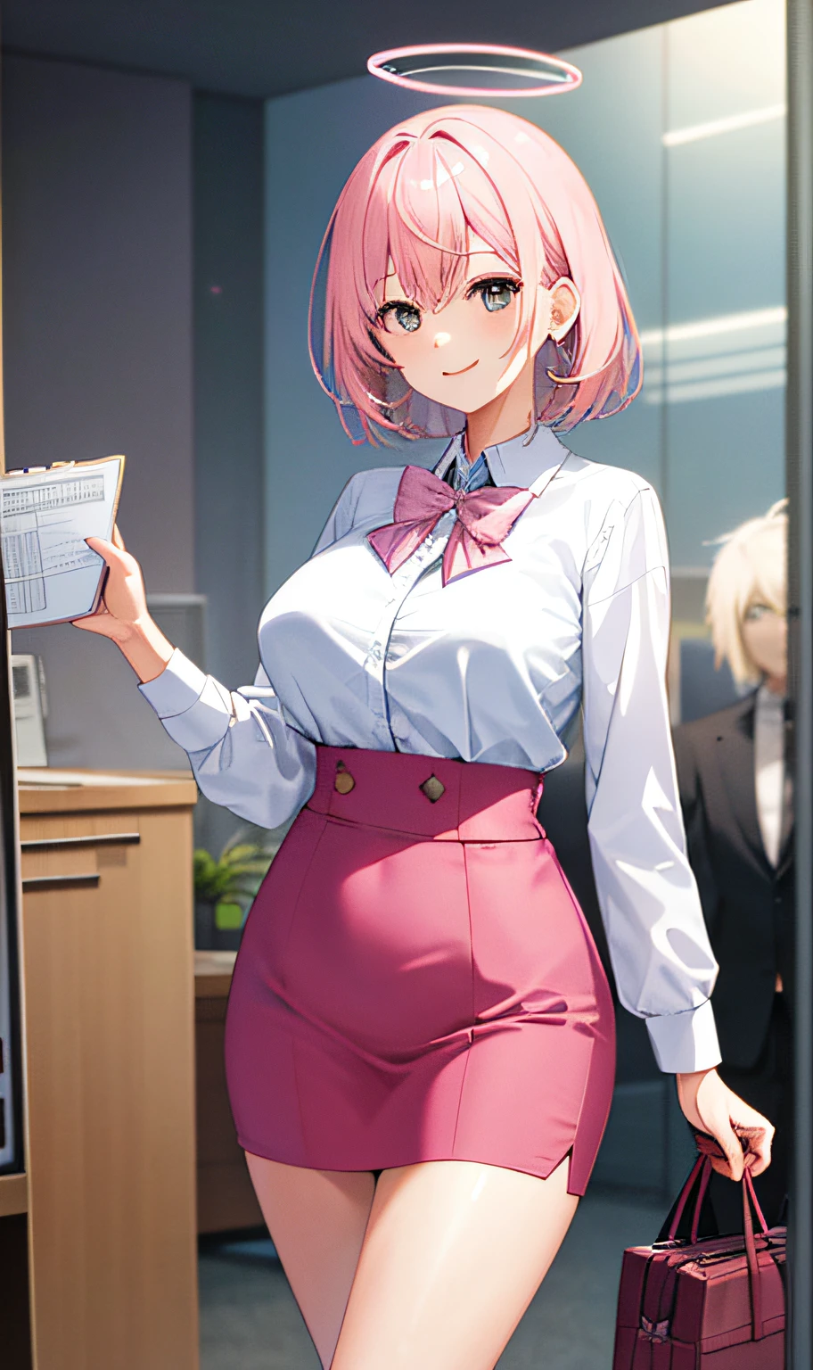 ((masterpiece, best)),(1girl),((mature woman)), light pink hair, halo, trumpet, ((office lady)), bangs, mid-chest, (full), slim, smiling, [wide hips ], office, standing, aru \(blue file\),