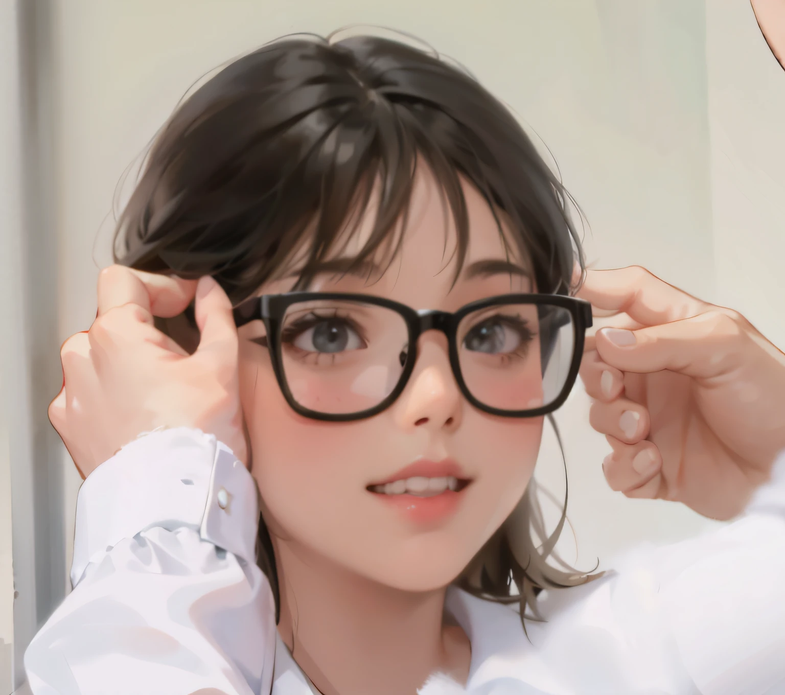 There is a woman wearing glasses in front of a mirror, Kawaii realistic portrait, With glasses, Guviz-style artwork, Realistic cute girl painting, realistic anime artstyle, Photorealistic anime, anime realism style, Realistic anime art style, Realistic young anime girl, Detailed digital anime art, Realistic anime 3 D style, Cute natural anime face，Correct finger structure，Nice looking face，Cute girl