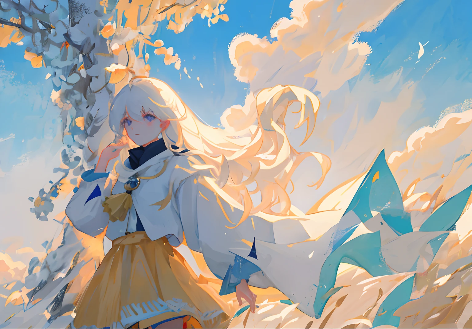 tmasterpiece,best qualtiy,ultra - detailed,illustratio,sportrait,6. Gentle breeze:A woman of pure whiteness,Long hair flutters in the wind,A gentle breeze brushed her cheeks,Her eyes were filled with serenity and thoughtfulness。