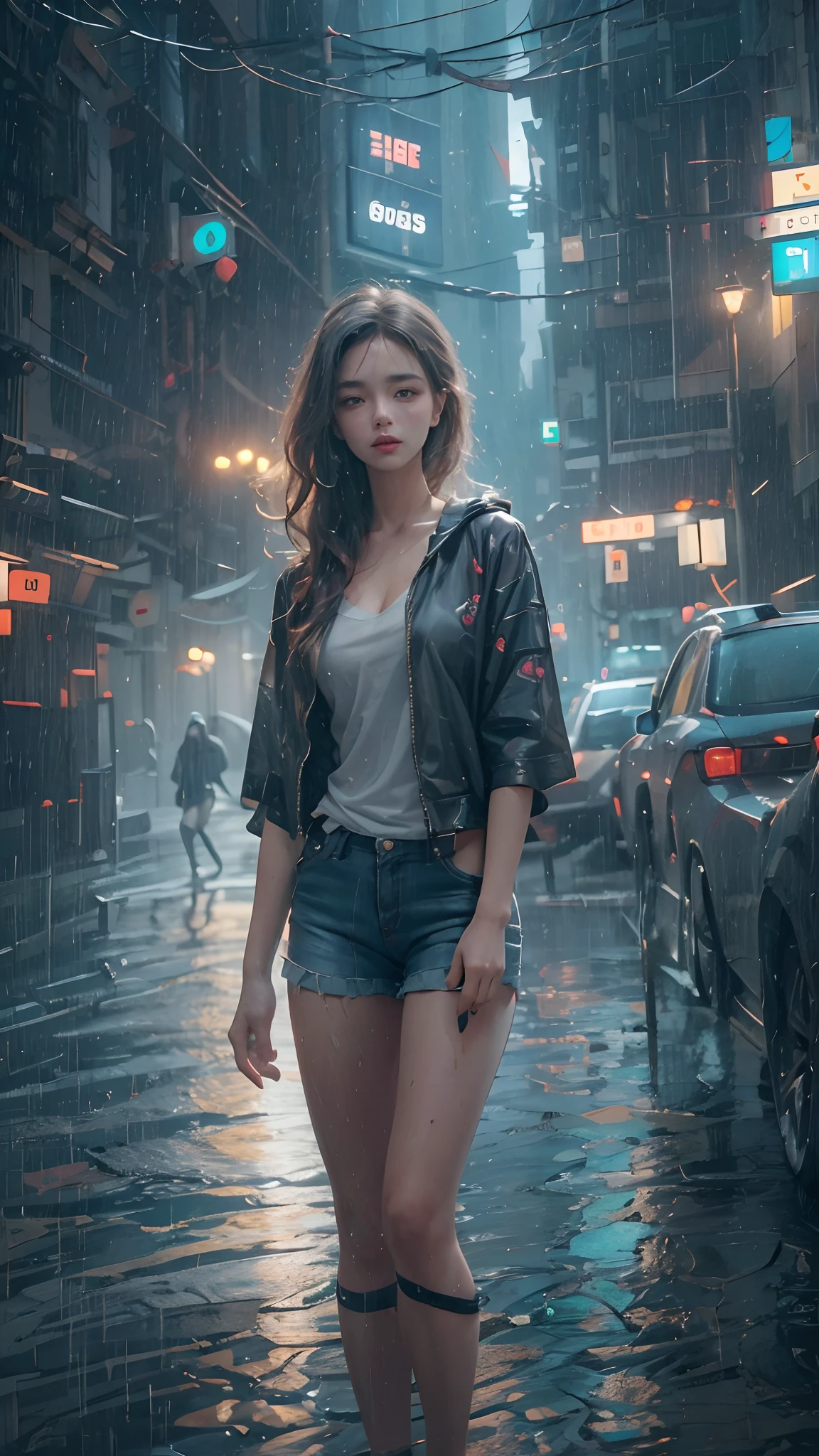 Beautiful woman with wavy hair, delicate and charming eyes, thigh notch, sexy long legs, t-shirt in small shorts, beautiful futuristic cyberpunk + city, mist, damp, rain, best quality masterpiece, realistic, detailed, 8k, HDR, shallow depth of field, wide light, high contrast, backlight, flood, flash, chromatic aberration, sharp focus, RAW color photo