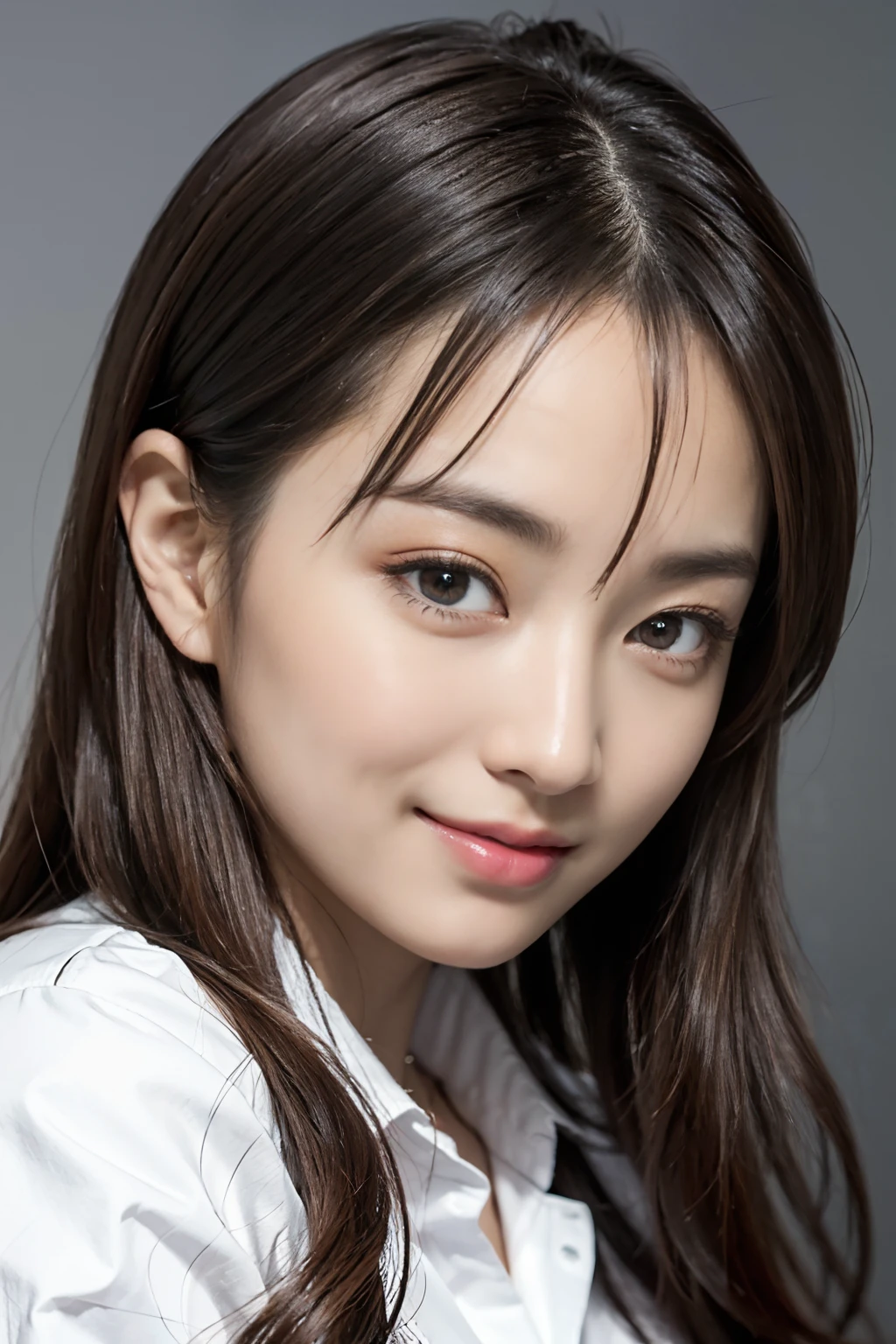 A hyper-realistic、hight resolution、8k wallpaper、ighly detailed、Best Illustration、beautifully detailed eyes、top-quality、ultra-detailliert、masterpiece、A detailed face、独奏、1 girl in、looking at the viewers、A detailed face、in the darkness nigth、A smile、Long straight hair、The upper part of the body、Wearing an office shirt