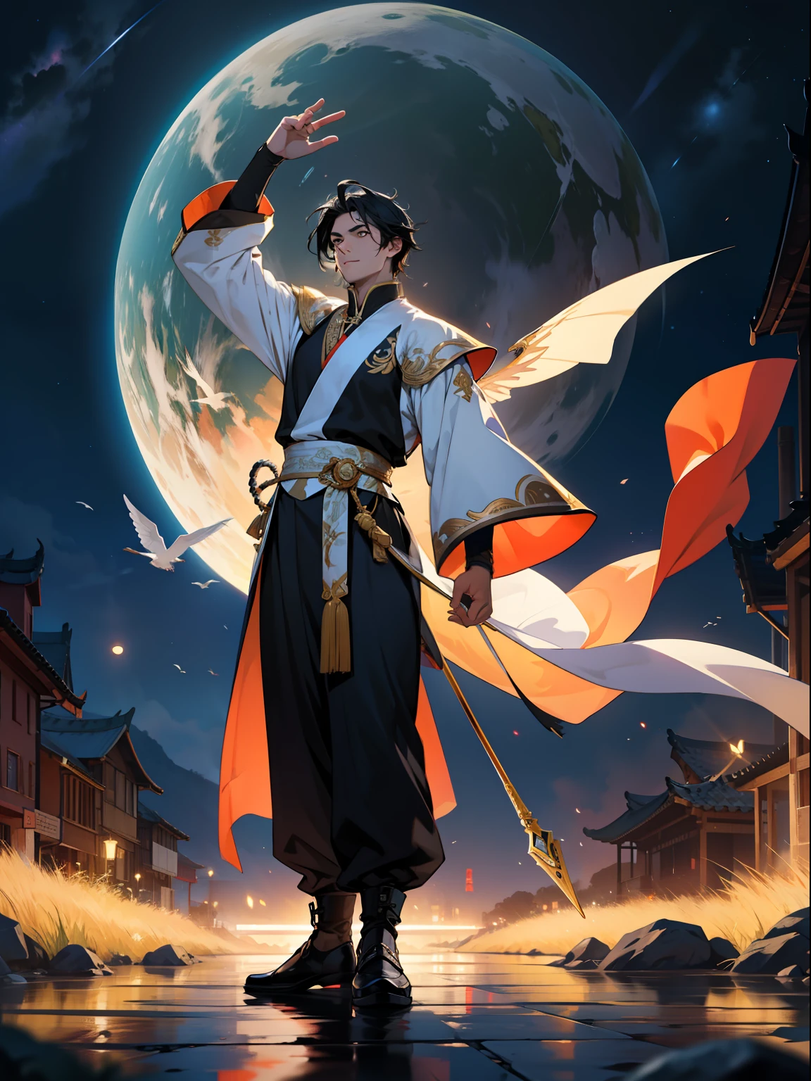 of a guy,Douluo Continent costume,standing on your feet,nigth,Black hair,Flying,