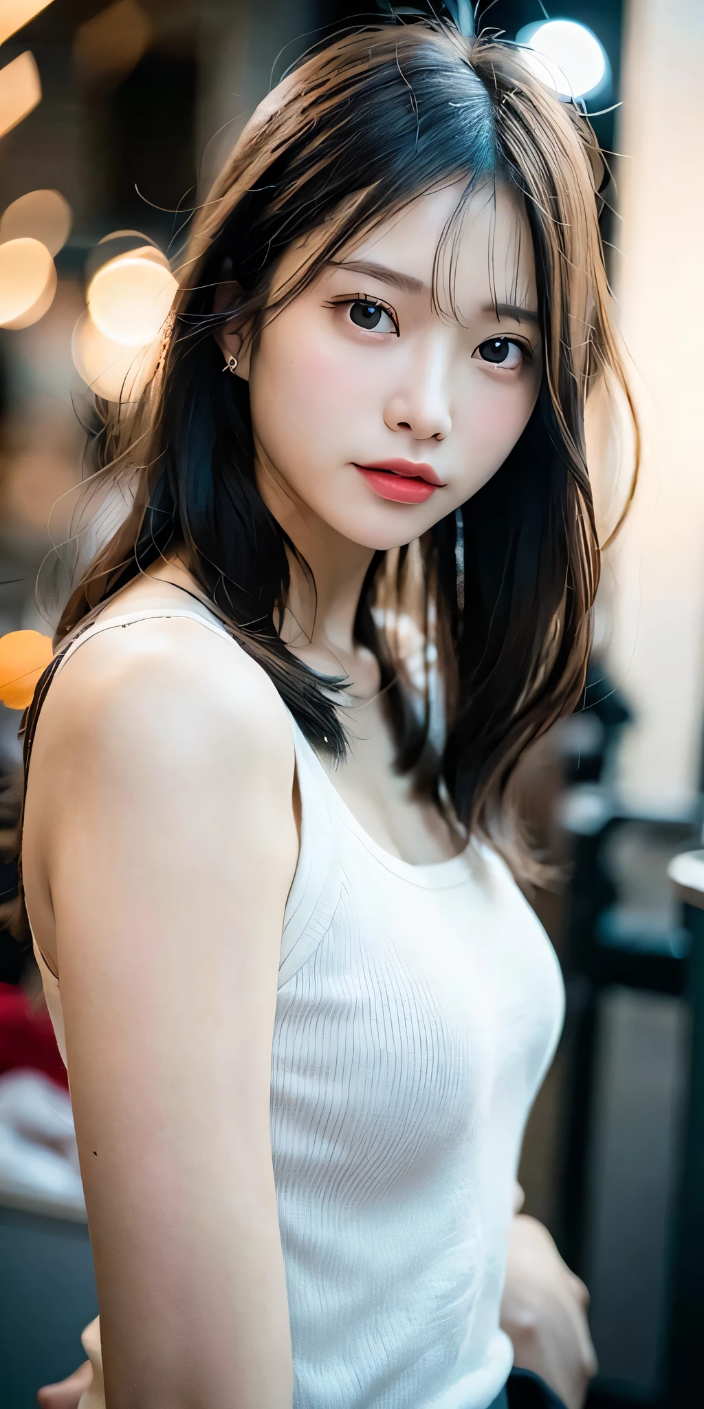 top-quality、The ultra -The high-definition、(realisitic)、a 18 year old girl、shorth hair、All Back Hairstyle、(((middlebreasts、Men's Size Tank Top)))、(((( When you lean forward, Cleavage becomes apparent.、 )))),Hyper-detailing、A hyper-realistic、(Photorealsitic)、Detail beautiful skin、(masterpiece:1.0)、(top-quality)、(超A high resolution)、8K分辨率、Canon EOS R5、135 mm、absurderes、The ultra-detailliert、foco nítido、detailed skin textures、
, (Random View)