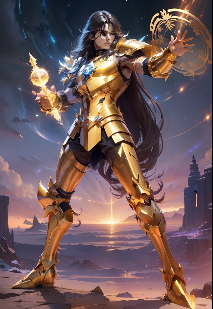 Celestial warrior with golden armor, A guy, long hair, sharp gaze, night, Saint Seiya, Libra, Zodiac, amazing, best quality, masterpiece, Unblurr, High resolution, 64k quality, ultra detail, Celestial background, cinematic lighting, Starfall on the sky, night sky,highly detailed, RAW photo, A young guy,perfect