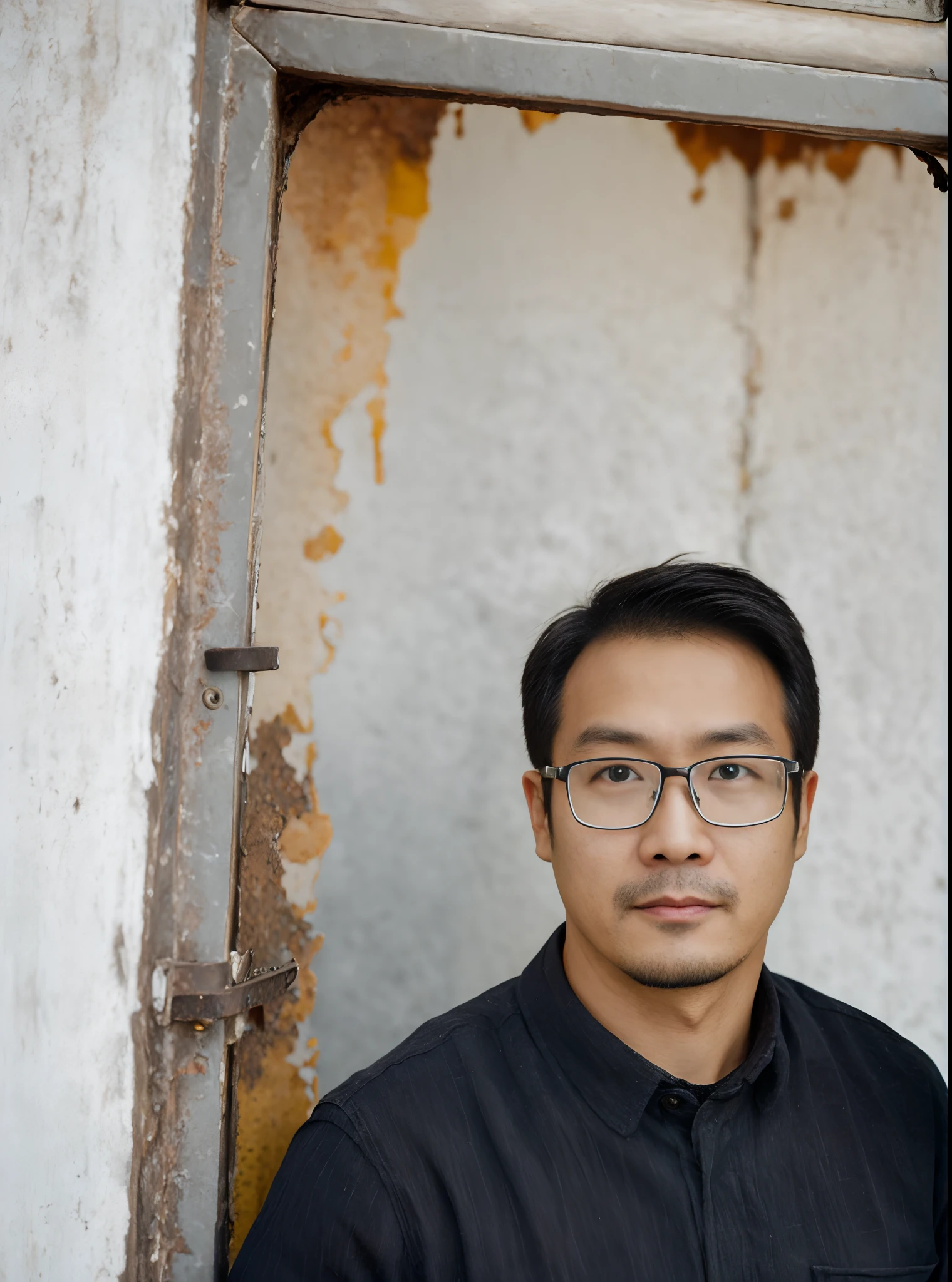 A handsome man with glasses stands in front of the door, 8k selfie photograph, ((Rust)), stanley artgem lau, portrait of a slightly rusty,, standing in abandoned building, 4 0 years old man, 2 8 years old, High-quality images, ren heng，Angular face，Wearing armor，Heroism，Posture of the guardian，Defensive strongholds，Wear black-rimmed glasses