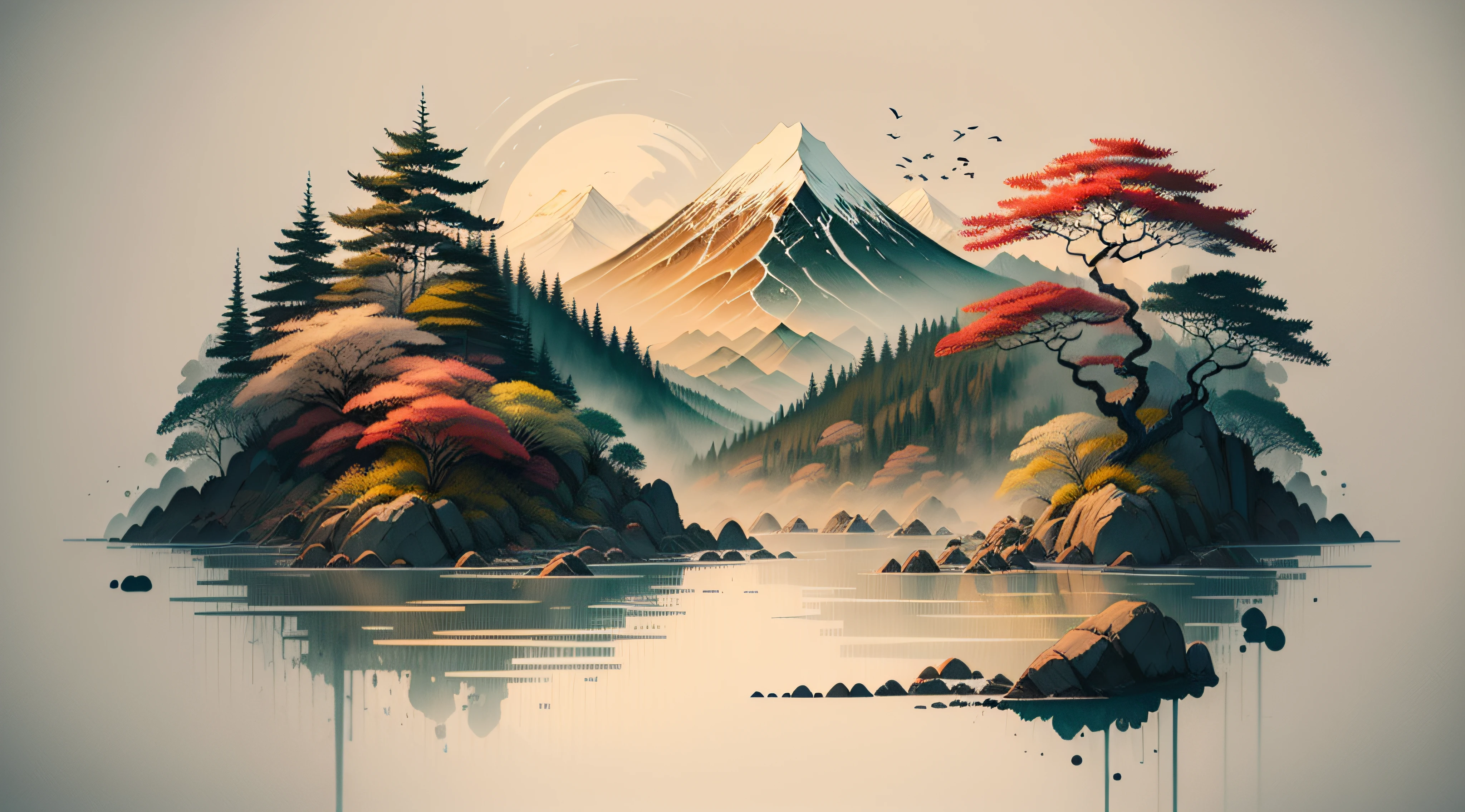 Traditional painting chinese ink red landscape. Painting of hills, trees on a textured paper. Old Asian, japanese design. 4k drawing. Beautiful artwork, water painting