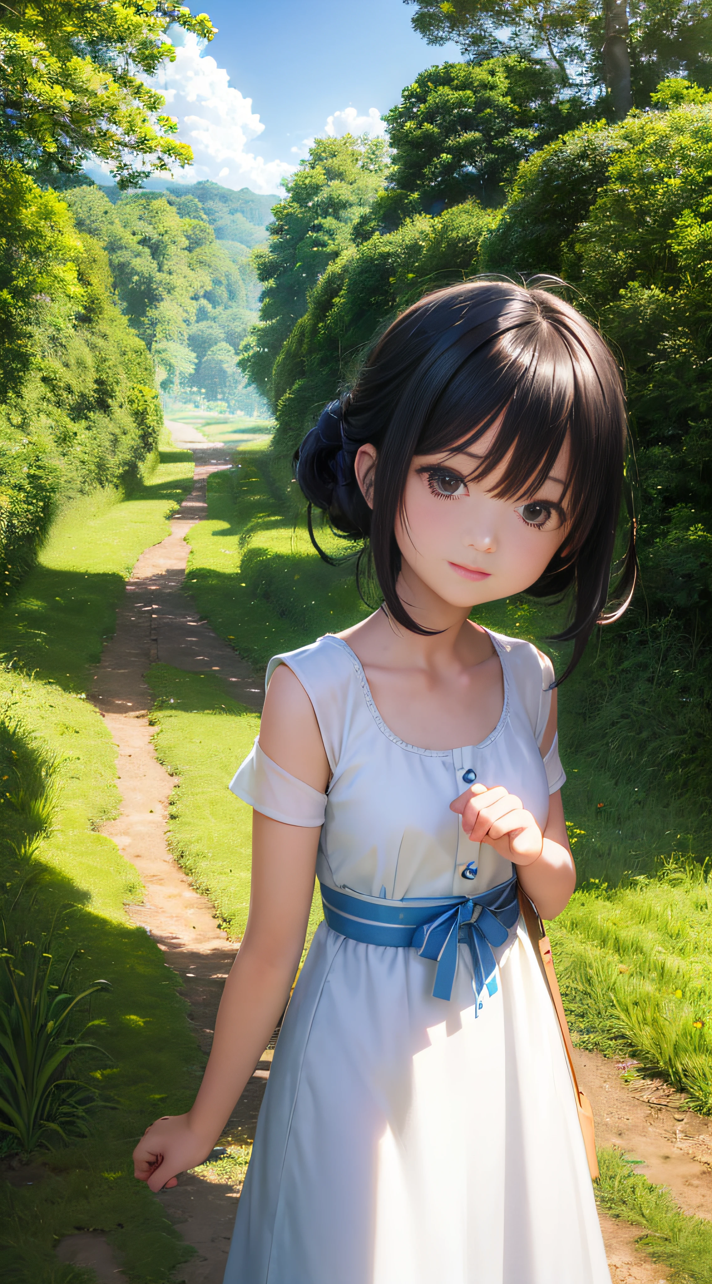 one-girl，Walk the winding roads of the countryside，large clouds、blue-sky、Rice fields，There are neat rice seedlings in the field，ln the forest，hillside，Quiet，rustic，high definition detail、hyper-detailing、cinematic ligh、ultra-realistic realism、Soft light、Deep field focus bokeh、Ray tracing and surrealism。