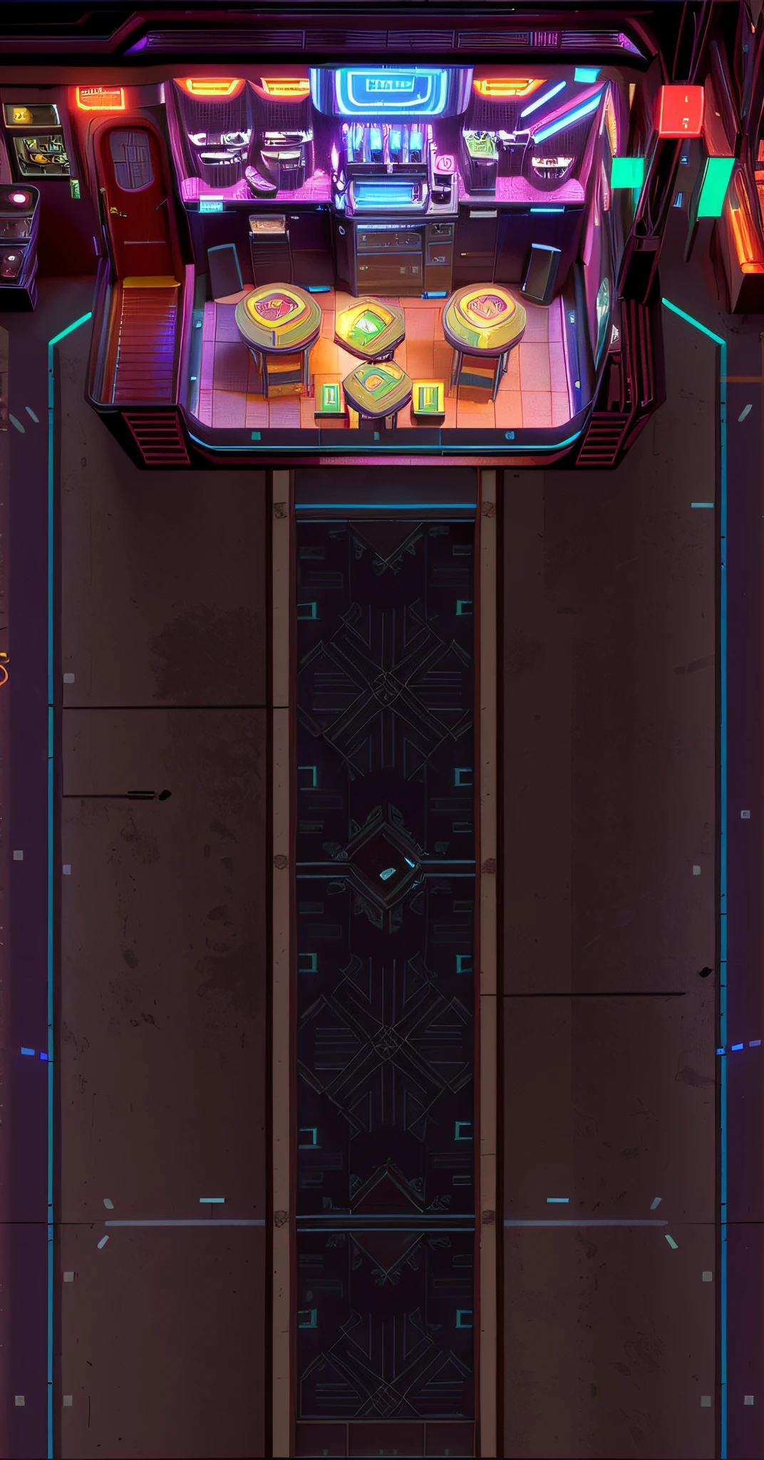 There are pictures of the restaurant，2077 Cyberpunk，There is a neon sign on it, diner background, background art deco palace, personal room background, Mobile game background, [ overhead view of a table ]!!, speakeasy bar background, alien room background, Dinner table, upscale restaurant, Background(Solid), random background scene, interior background art, game overlay, Bar background, game texture