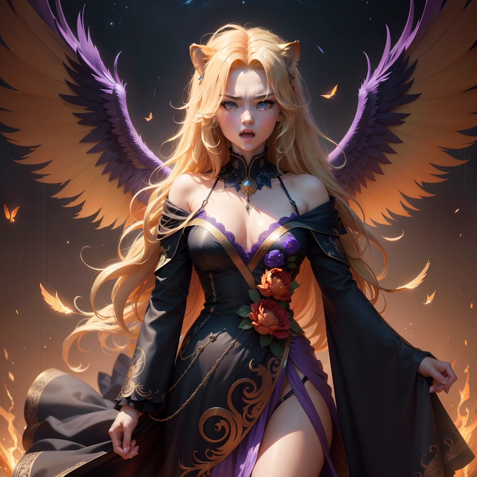 (Very elaborate 8K wallpapers)、The image of a roaring lion、purple lights、Golden water droplets fly(:1.6)、Pride is high、Wings of the Black Fallen Angel、Open your mouth wide like you're angry、looking at the viewers、Blonde hair close to orange、Odd-eye eyes red and blue、Lion maned