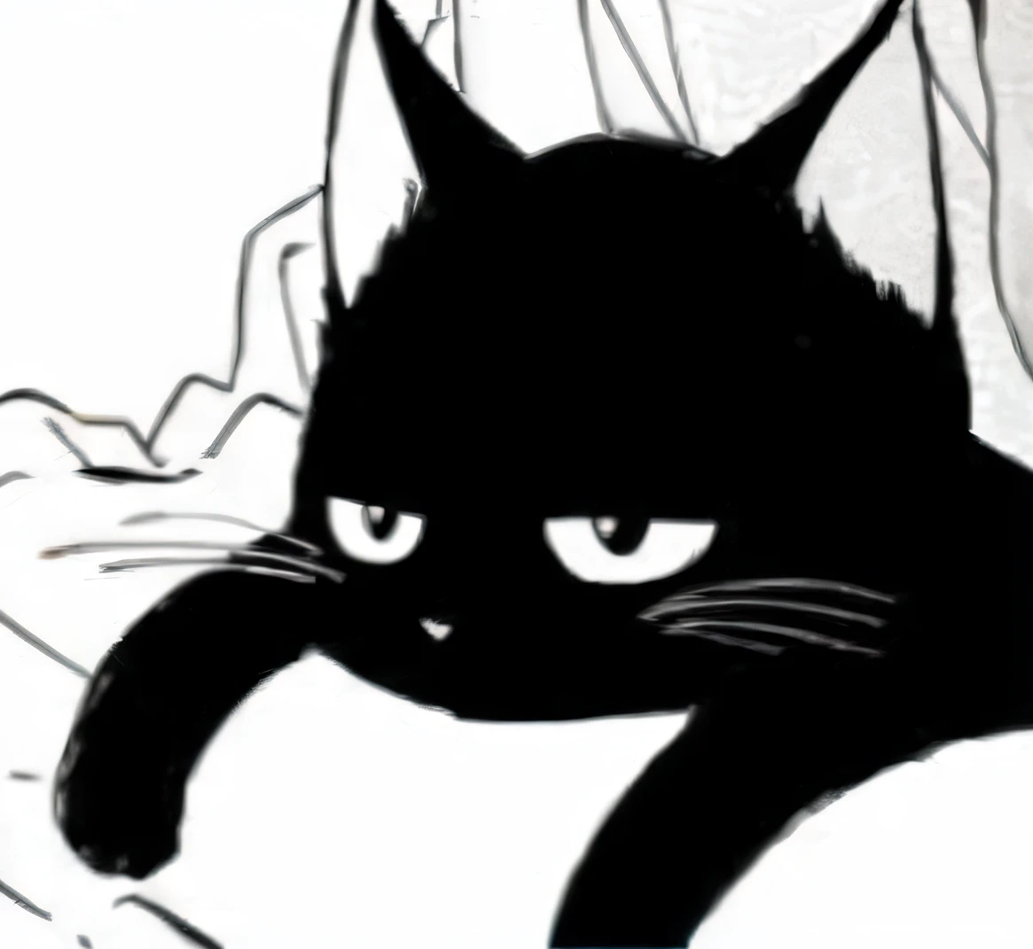 Cartoon cat lying on bed,The background is people, anime cat, !!!! cat!!!!, realistic anime cat, comic strip》, Sora as a cat, the dark god of cats, Black cat, felix the cat, anime visual of a cute cat, Gaze from his heavy body, sad cat, menacing look, style of anime》
