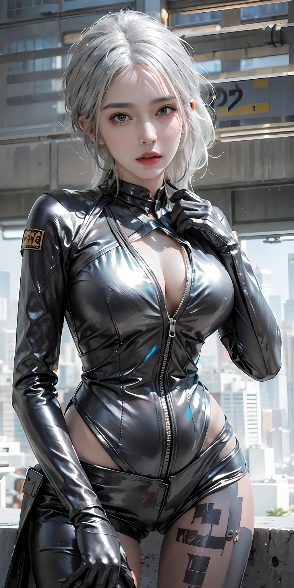 photorealistic, high resolution, soft light,1women, solo, hips up, (detailed face), silver hair, Black leather costume, cyberpunk glossy latex suit, tattoo, jewelry