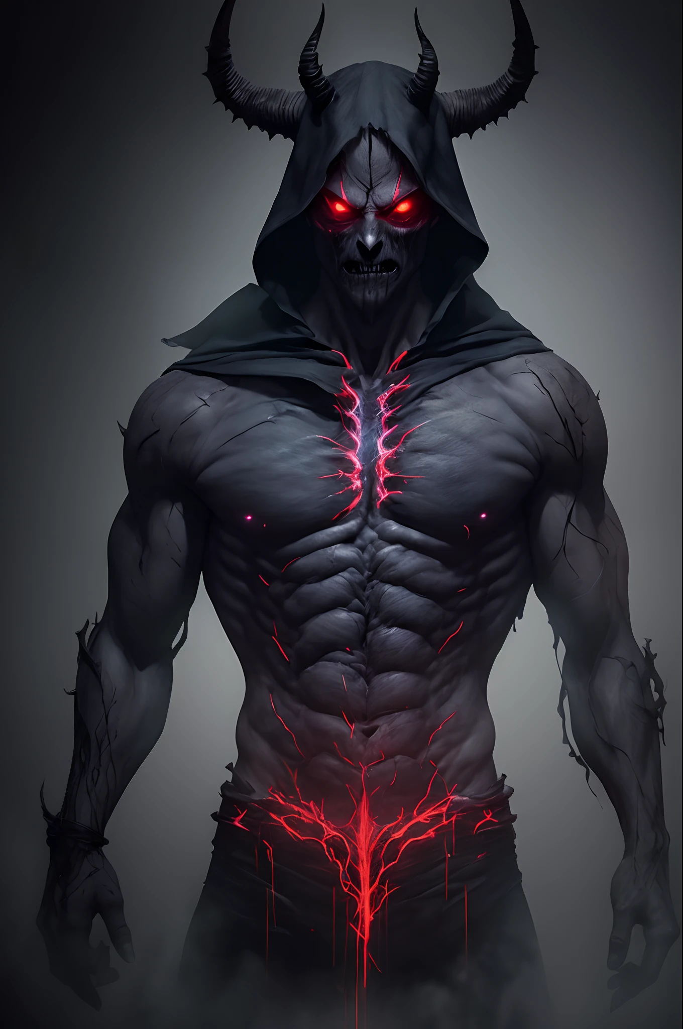 (((full torso))), illustration, cartoon, dark colors, soothing tones, epic realistic, glowing eyes, horror, devil horns, vampiric:0.4, cinematic, corrupted, diablo 4 wallpaper, award winning, volumetric light, fog:0.13, masterpiece, (waist up shot), (dark background:1.5)