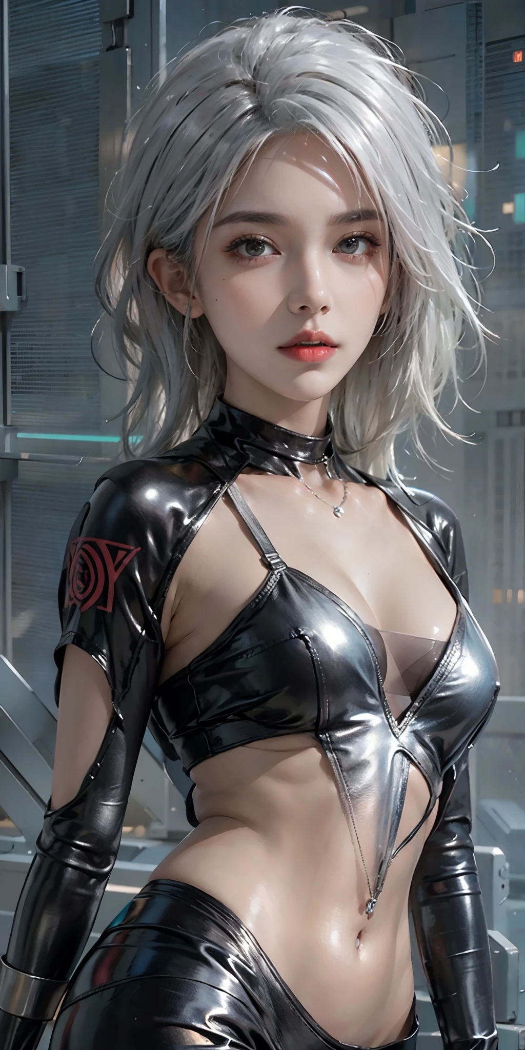 photorealistic, high resolution, soft light,1women, solo, hips up, (detailed face), silver hair, Black leather costume, cyberpunk glossy latex suit, tattoo, jewelry