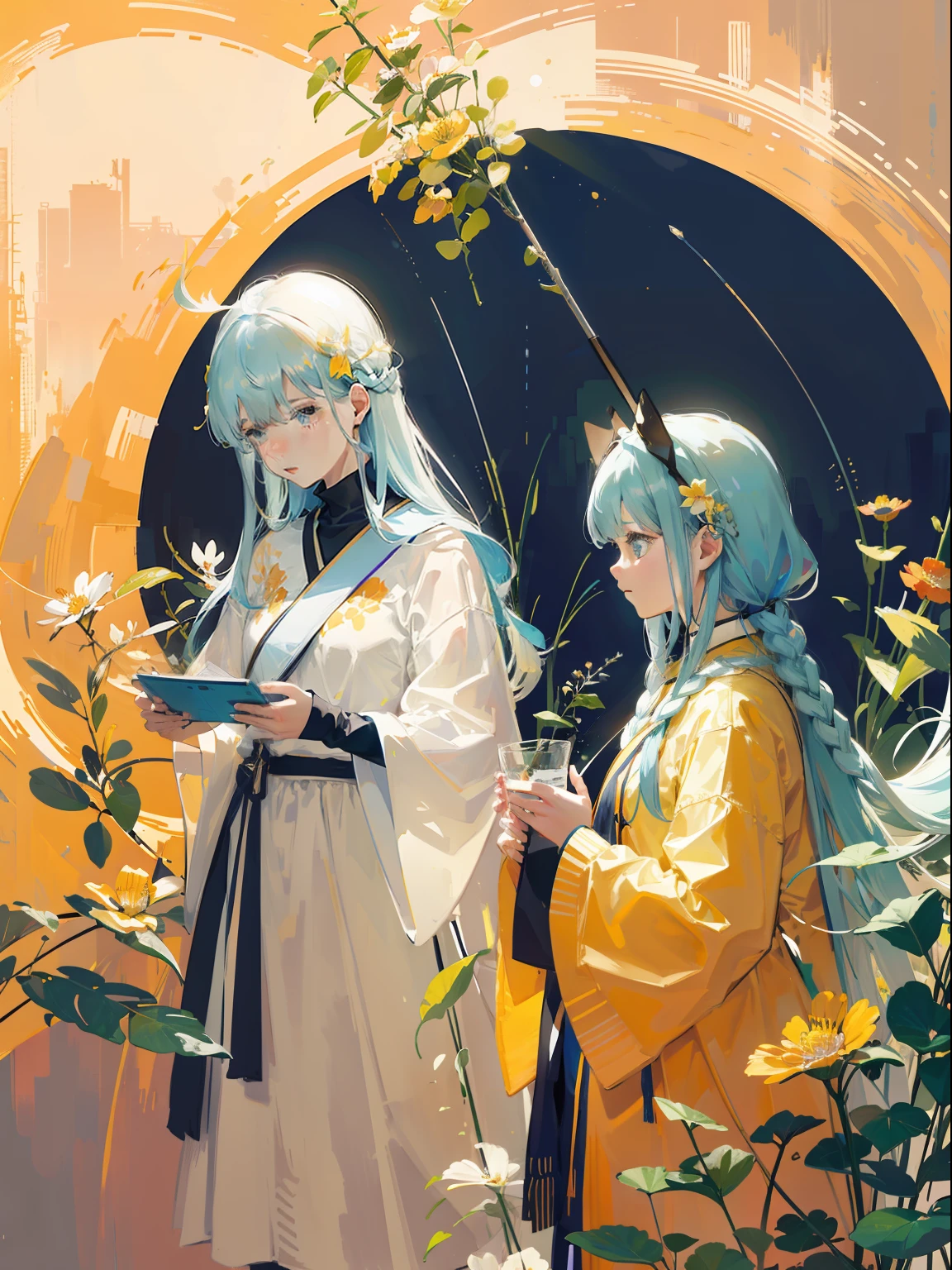 two girls praying, long white and blue hair, clear glass material, Caustic,  particles, golden light, fluorescent, warm color palette, utilitarian, organic shapes and lines, illustration, danish design, facing front, bright light, bright color, realistic light and shadow, wild flowers background, flat illustrations --ar 9:16 --niji 5 -