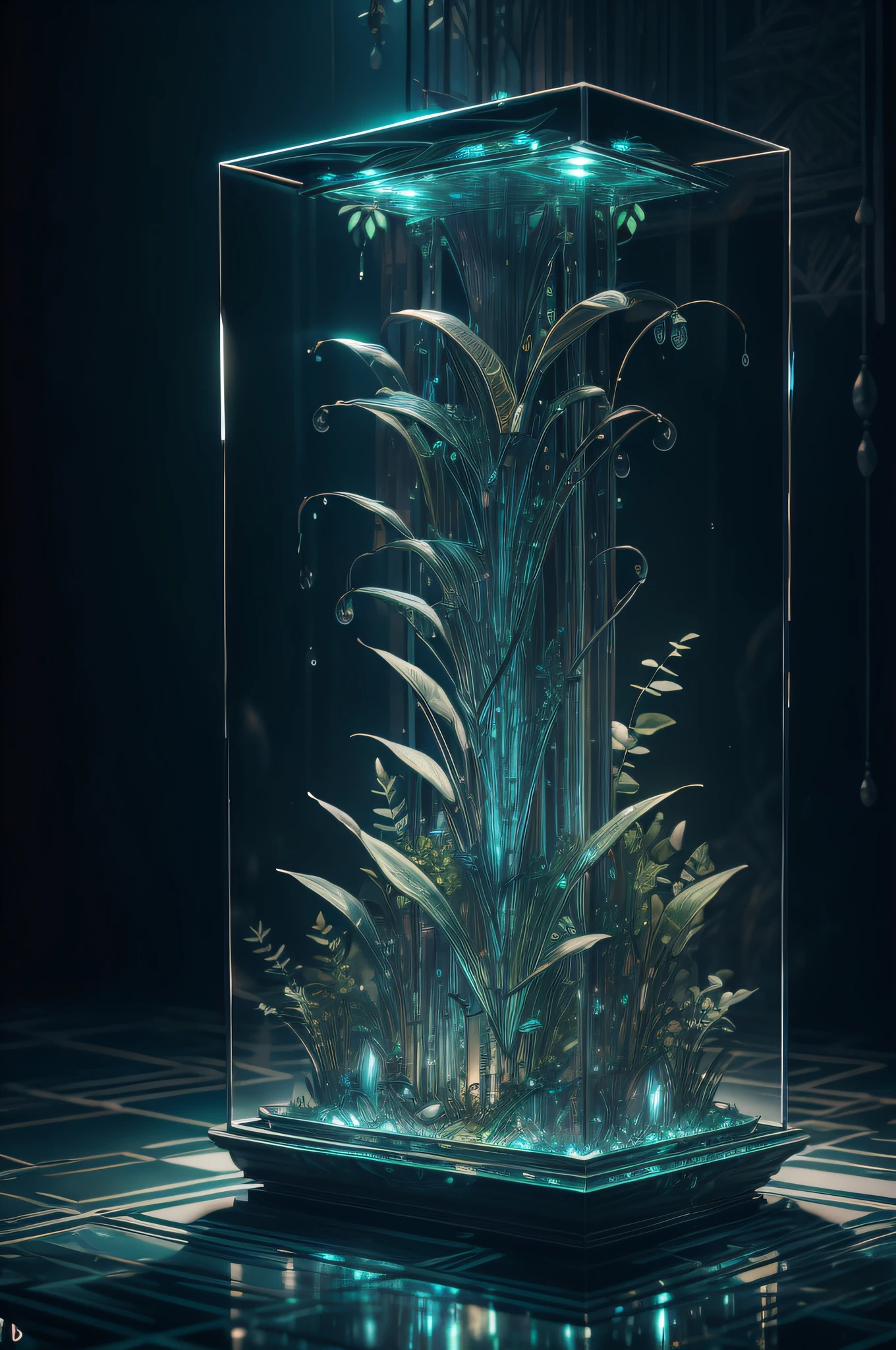 masterpiece of glass sculpture with plants inside, water, glowing, fantasy, high quality, high detail, best quality, rtx, 4k, 8k,