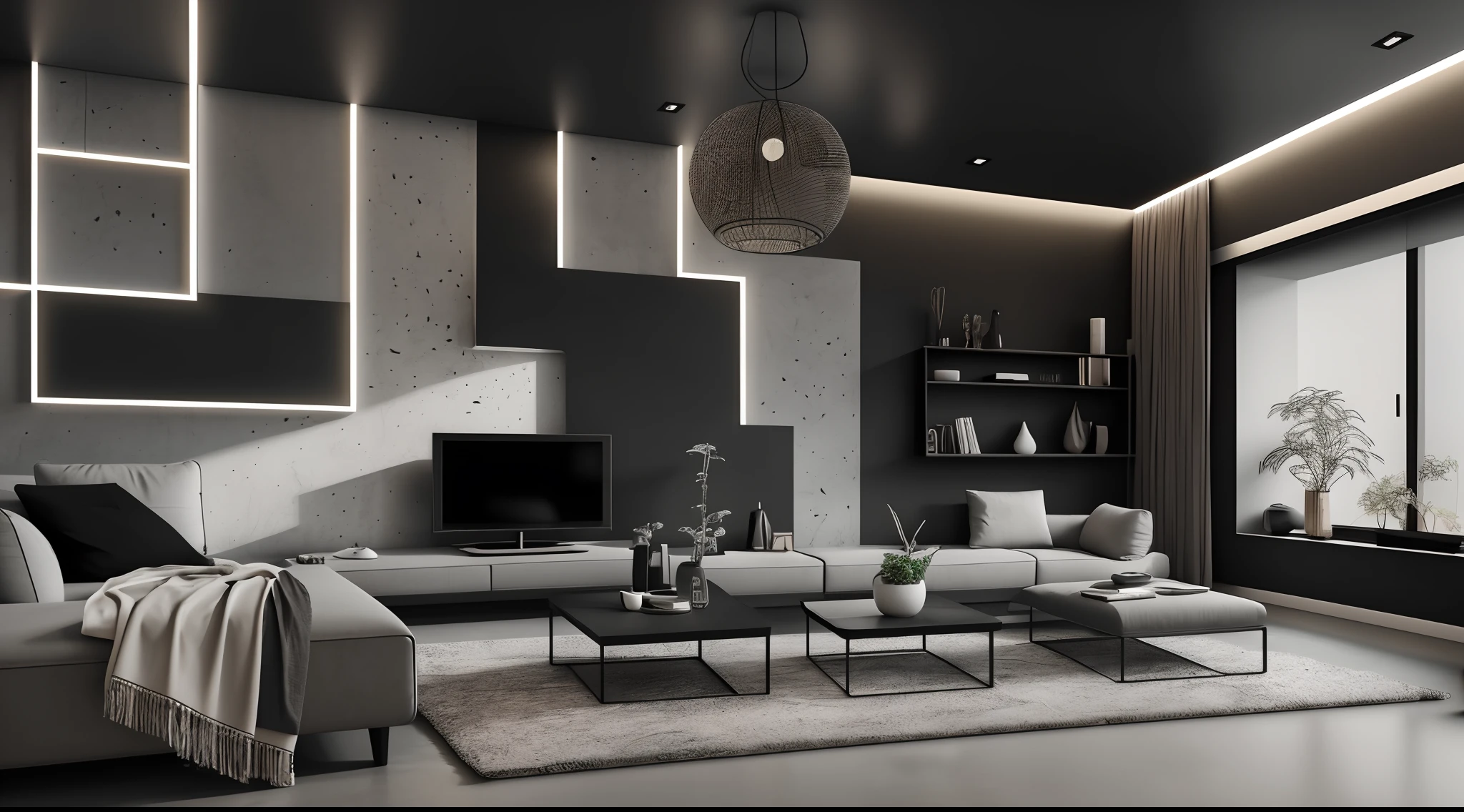 Interior design,liveroom,European minimalist style,Minimalist,Nordic style,(Black-gray tones),Black furniture,Multi-angle display,a 3D render、cozy indoor lighting、8K,terrazzo,janelas,Simple wall lamp,Concise wind,broad,floor to ceiling window,Dark floor tiles,Cold