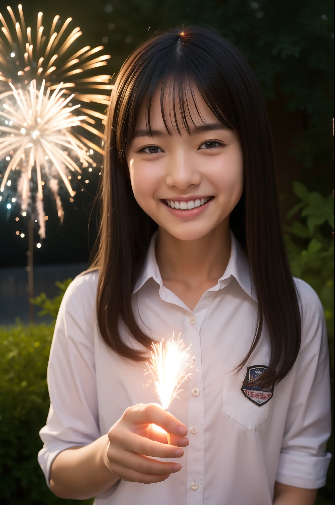 A smile、hi-school girl、While doing fireworks