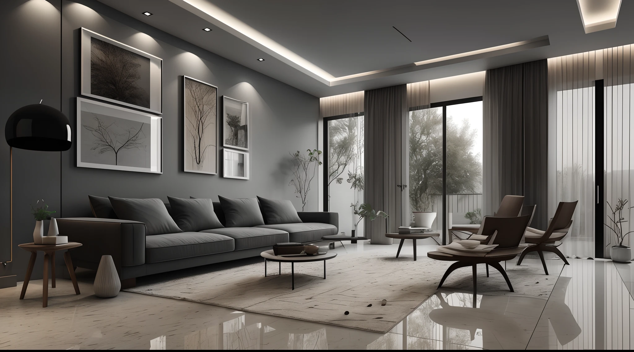 Interior design，liveroom，European minimalist style，Minimalist，Nordic style，(Black-gray tones)，Black furniture，Multi-angle display，a 3D render、cozy indoor lighting、8K，terrazzo，janelas，Simple wall lamp，Concise wind，broad,floor to ceiling window,Dark floor tiles，Cold