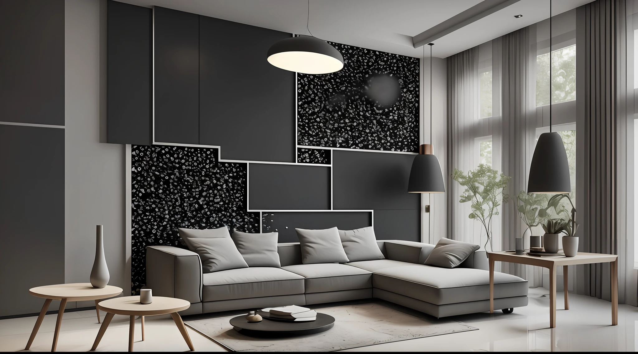 Interior design，liveroom，European minimalist style，Minimalist，Nordic style，(Black-gray tones)，Black furniture，Multi-angle display，a 3D render、cozy indoor lighting、8K，terrazzo，janelas，Simple wall lamp，Concise wind，broad,floor to ceiling window,Dark floor tiles，Cold