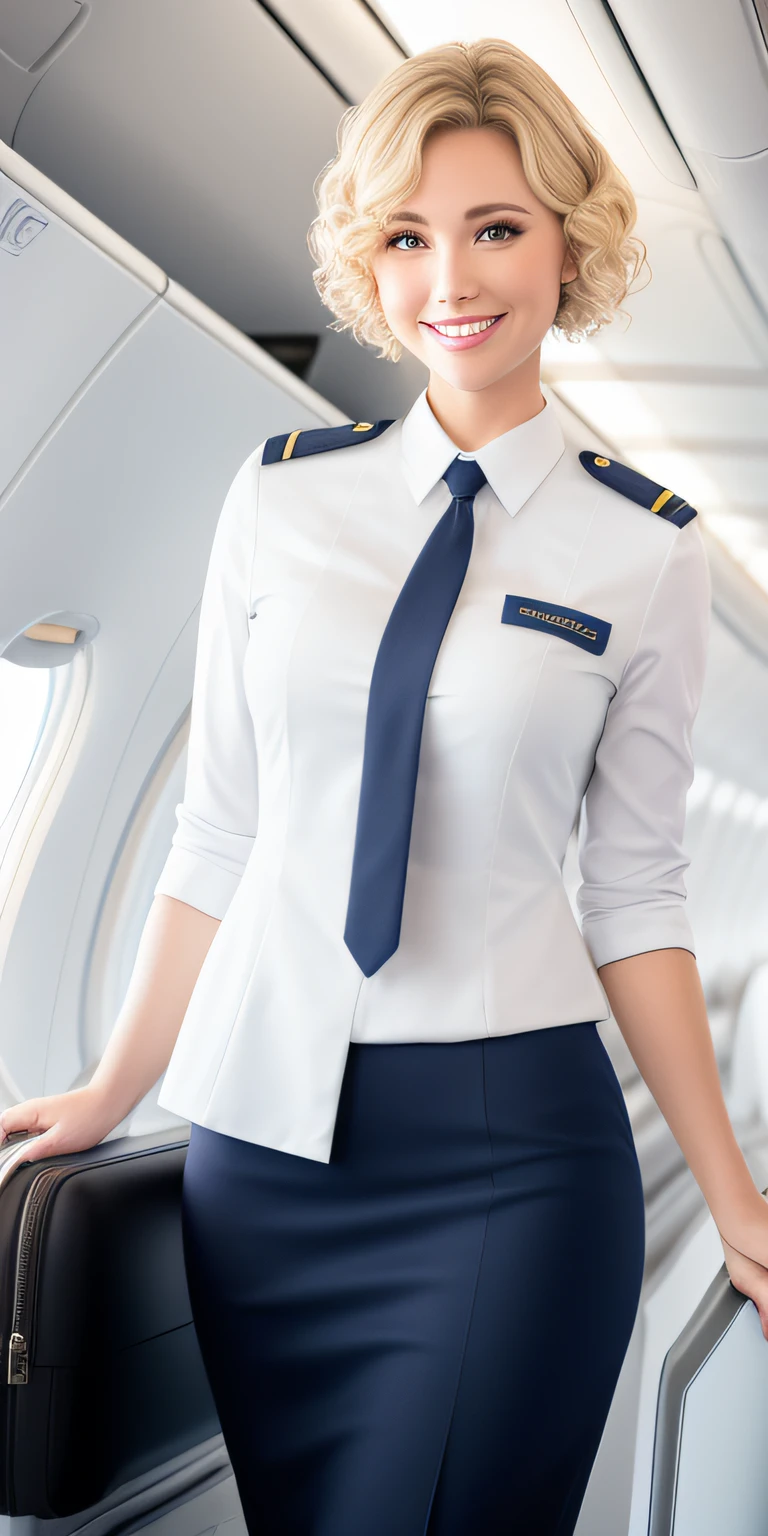 (White flight attendant uniform),view the viewer,Smiling,cheerfulness,Short curly blonde hair, standing, inside airplane,