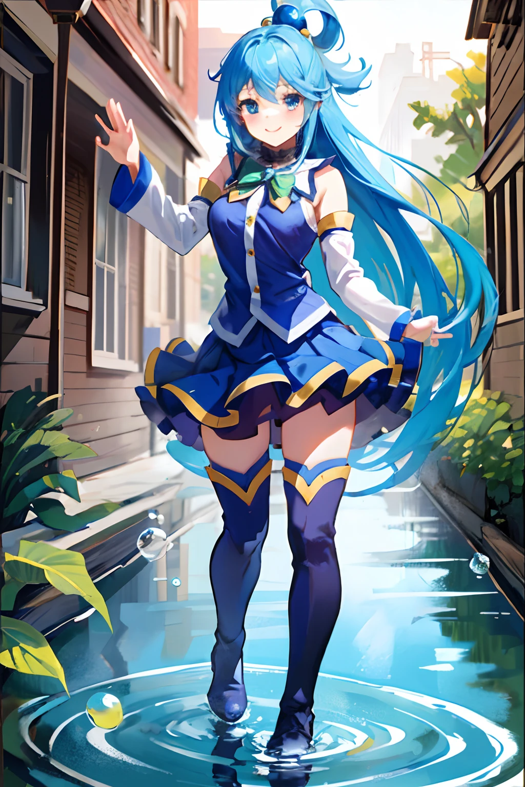 aqua \(konosuba\), mksks style, (very detailed background:1.0), (highly detailed background:1.0), {Masterpiece}, High Quality, 1girl, blue eyes, blue footwear, blue hair, blue thighhighs, blush, boots, breasts, bubble, detached sleeves, hair ornament, hair rings, leg up, long hair, looking at viewer, medium breasts, open hand, single hair ring, skirt, smile, solo, standing, standing on one leg, thigh boots, thighhighs, very long hair, water, white thighhighs, kono subarashii sekai ni shukufuku wo!,