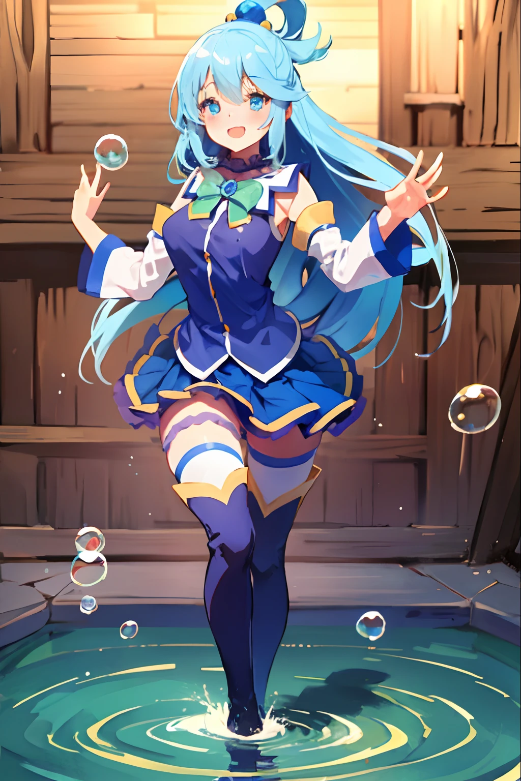 aqua \(konosuba\), mksks style, (very detailed background:1.0), (highly detailed background:1.0), {Masterpiece}, High Quality, 1girl, blue eyes, blue footwear, blue hair, blue thighhighs, blush, boots, breasts, bubble, detached sleeves, hair ornament, hair rings, leg up, long hair, looking at viewer, medium breasts, open hand, single hair ring, skirt, smile, solo, standing, standing on one leg, thigh boots, thighhighs, very long hair, water, white thighhighs, kono subarashii sekai ni shukufuku wo!,