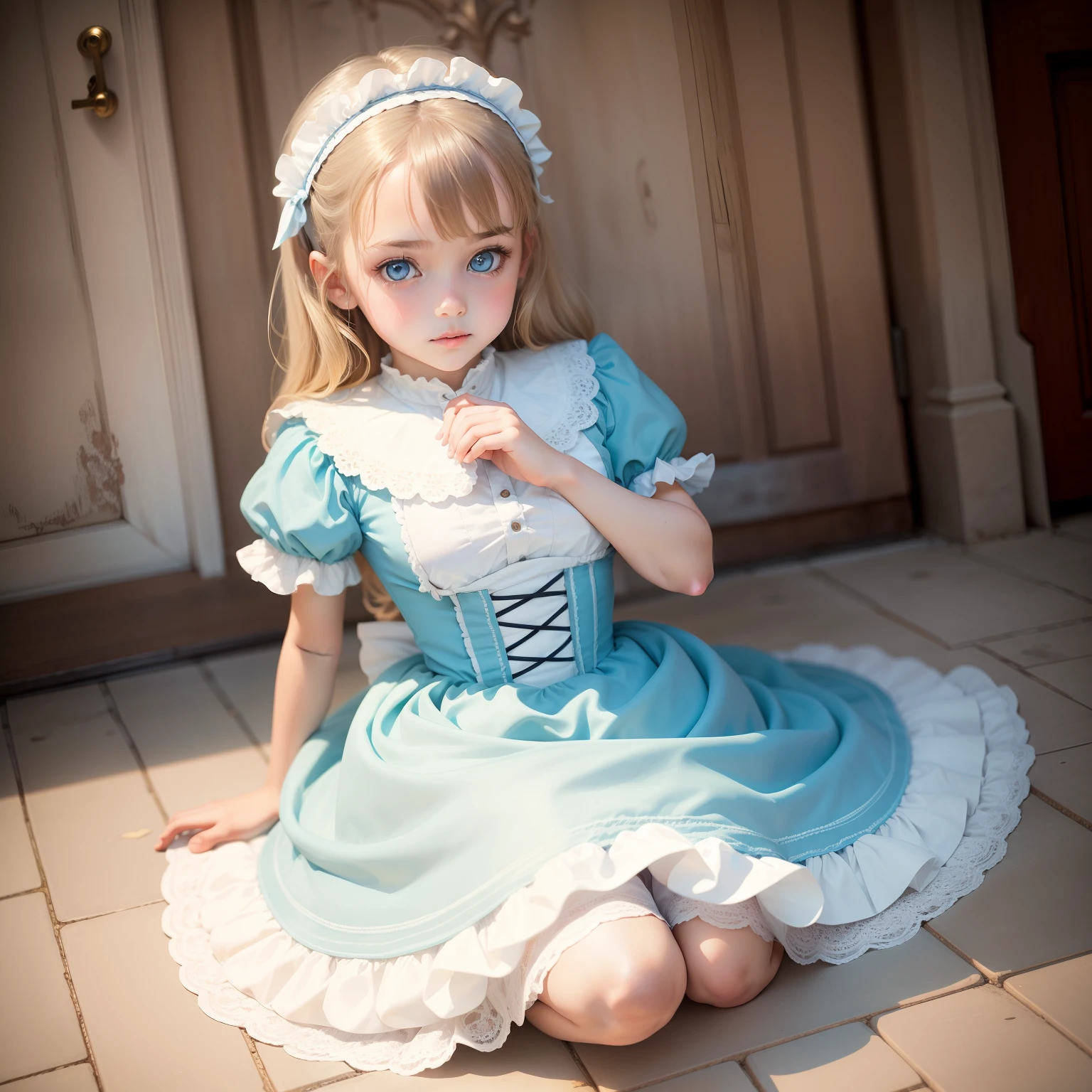 Very beautiful 8  girl dressed in Lolita maid coffee light hair light blue eyes super gorgeous details extreme picture quality sexy glamorous full body photo kneeling on the ground wearing a headband