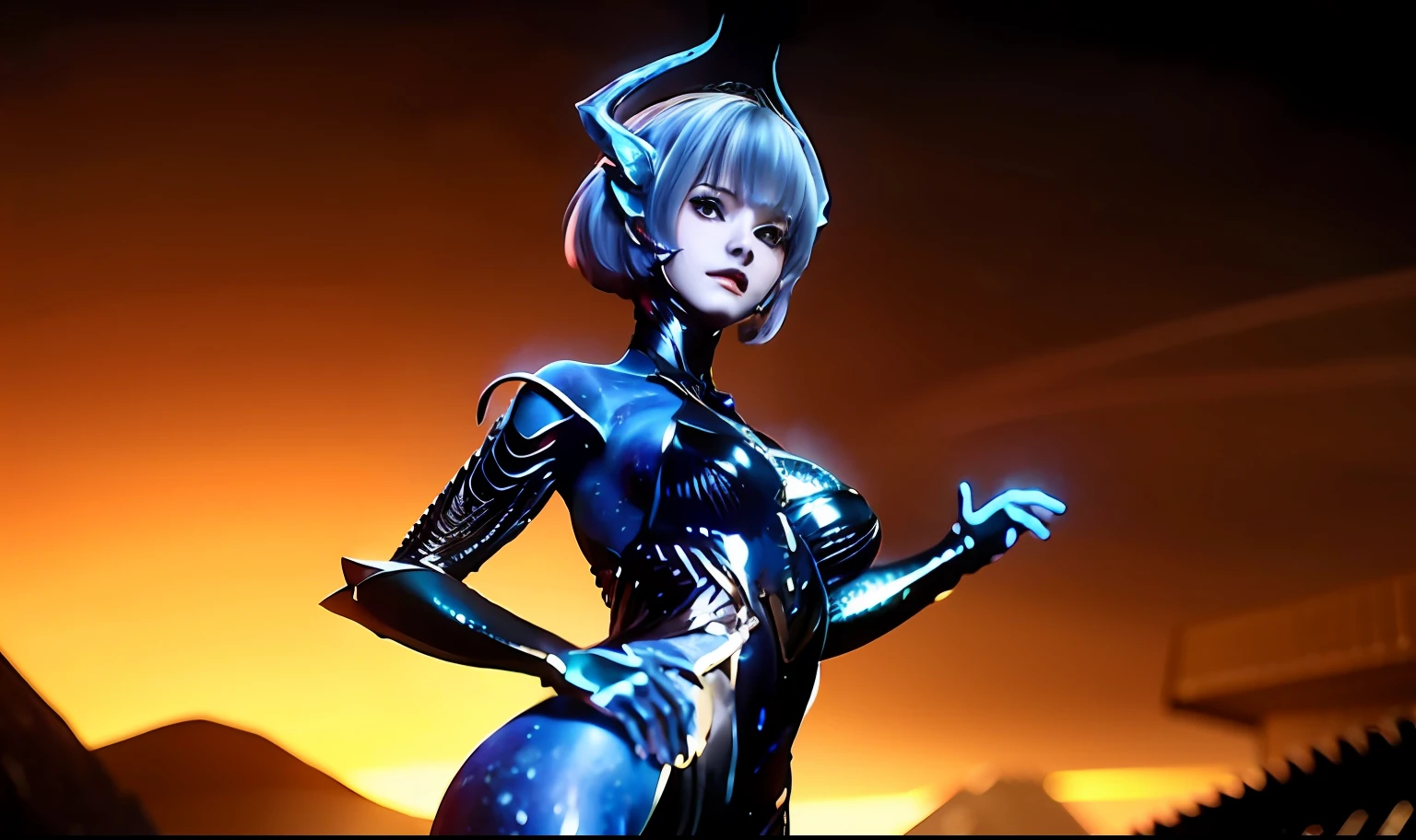 A woman in a futuristic suit，Horns and horns grow on the head，Stand in front of the city of the future，1girl，By bangs，brunette color hair，tightsuit，nedium breasts，natta，cow horn，long whitr hair，looking at viewert，putting makeup on，Orange background，orange sky，Skysky，独奏，the sunset，at twilight，The upper part of the body