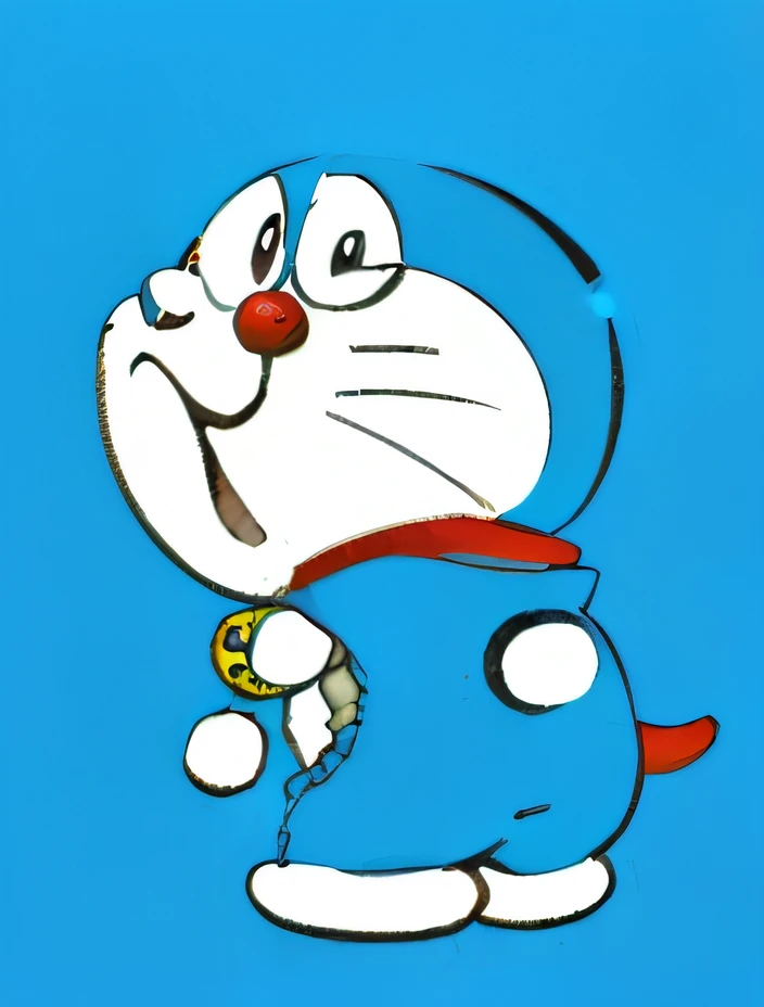 Cartoon character of a cat with a red nose and blue overalls, Doraemon, acrace catoon, Japanese animation, 🚿🗝📝, komono, author:Tadashi Nakayama, miyazaki's animated film, japanese mascot, author:Akira Toriyama, author:Murakami Kagura, ❤🔥🍄🌪