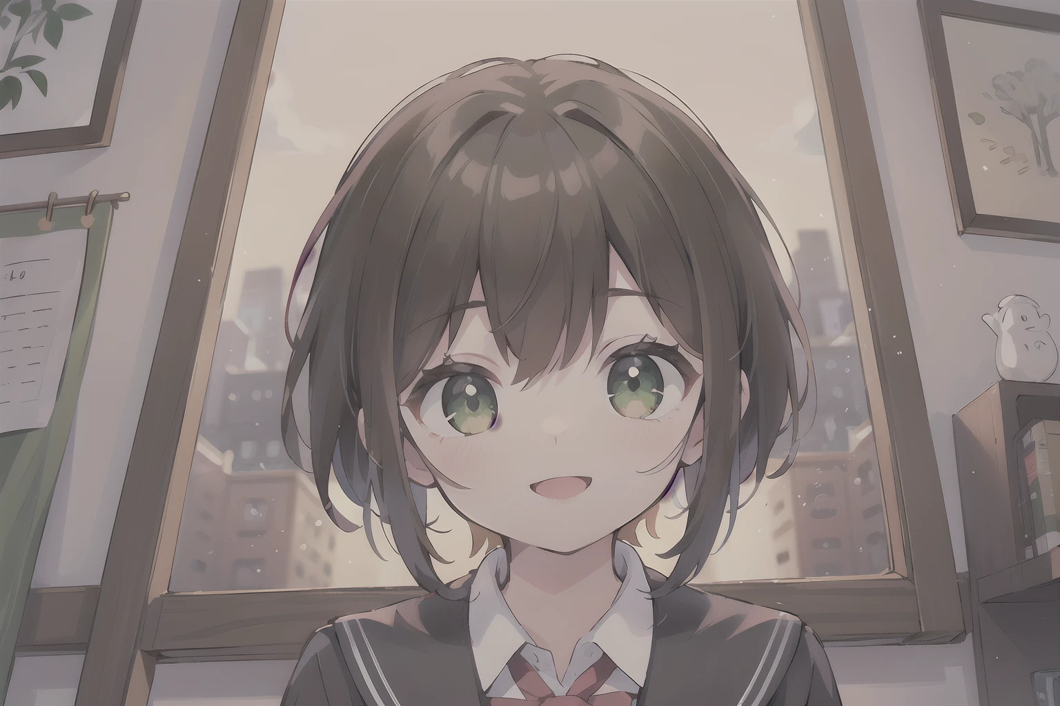 (masterpiece), best quality, beautiful detailed hair detailed face, ultra high res, sharp focus, ((1 young woman, solo)), (warm pastel color), high saturation, perfect feminine face, upper body, medium close-up, dutch angle, (at the morning time:1.5), in the school, ((beautiful shape eyes, green eyes)), chesnut brown har, short hair, smiles, (school uniform:1.2)