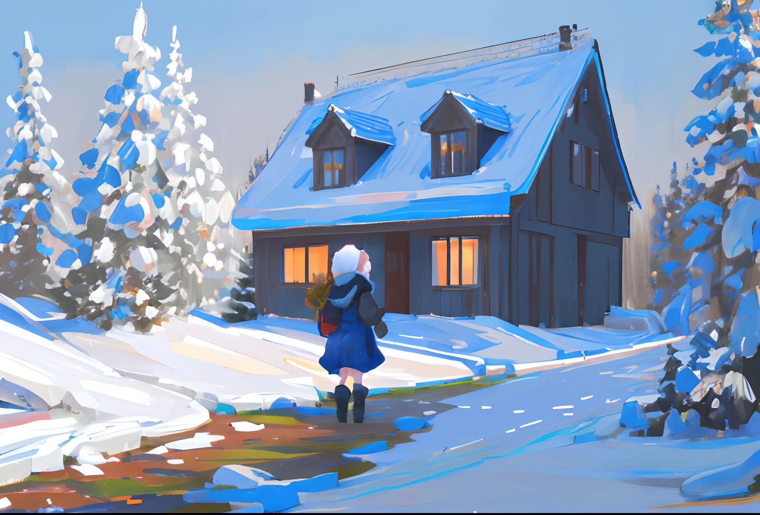 8. A fairytale world covered in snow：A snowy landscape of pure white，Trees and houses are covered with white snow，In the distance, there is a young girl walking in the snow，Her figure appears pure and beautiful in the snow。