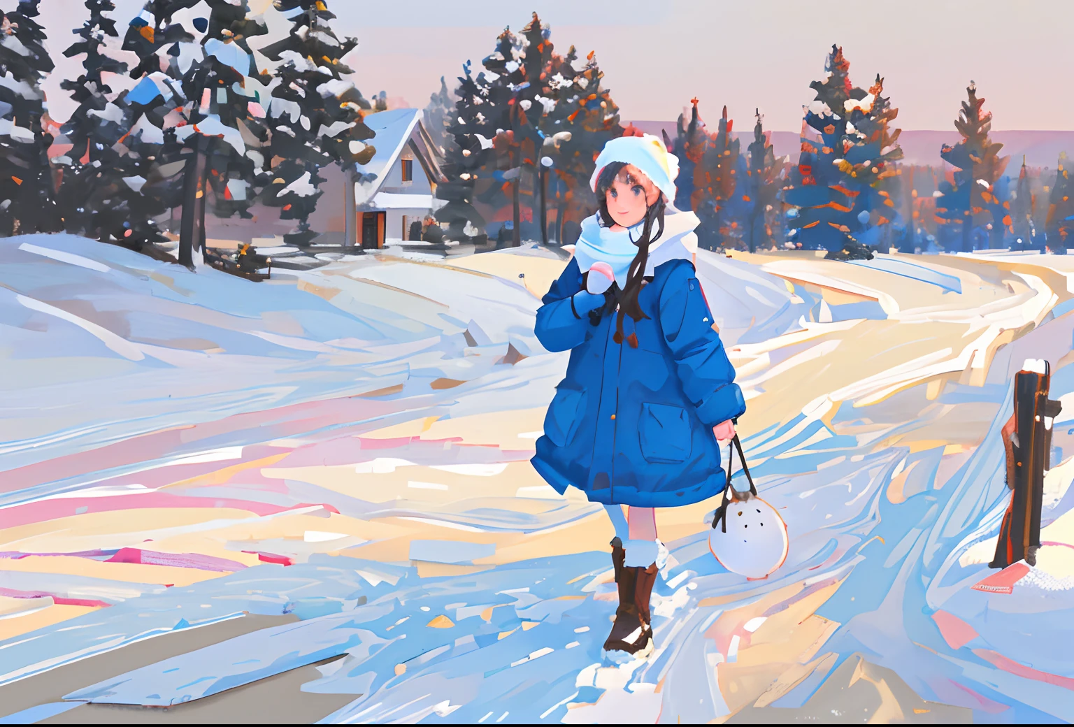 8. A fairytale world covered in snow:A snowy landscape of pure white,Trees and houses are covered with white snow,In the distance, there is a young girl walking in the snow,Her figure appears pure and beautiful in the snow。