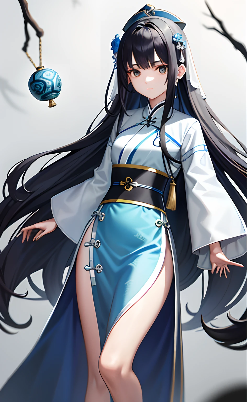 Blue and white long Hanfu,Jacket severance,Under a long skirt,Black hair and black eyes,17-year-old woman,Chest B+,Tidal,Hide a little loneliness under calm,The head is golden,With green round jade pendant,It is a small long box made of stone