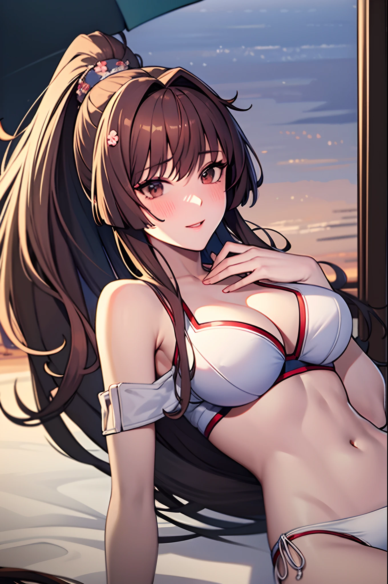 ​masterpiece, Best Quality，top-quality，{{{Yamato \fleet}}}，Very long ponytail，Brown hair，red blush，brown-eyed，Nasty face，very large breasts，very sagging chest，女の子1人，White bikini，{{{White bikini}}}，very long ruffles of white color,，{{{very long ruffles of white color,}}}，{{{the beach}}}，laying on back，Open Legs Pose，