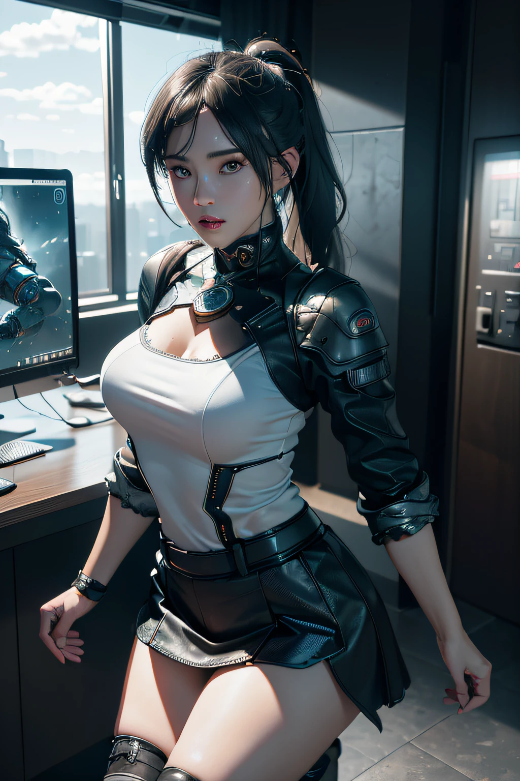 ((Best quality)), ((masterpiece)), (detailed:1.4), 3D, an image of a beautiful cyberpunk female,HDR (High Dynamic Range),Ray Tracing,NVIDIA RTX,Super-Resolution,Unreal 5,Subsurface scattering,PBR Texturing,Post-processing,Anisotropic Filtering,Depth-of-field,Maximum clarity and sharpness,Multi-layered textures,Albedo and Specular maps,Surface shading,Accurate simulation of light-material interaction,Perfect proportions,Octane Render,Two-tone lighting,Wide aperture,Low ISO,White balance,Rule of thirds,8K RAW,
