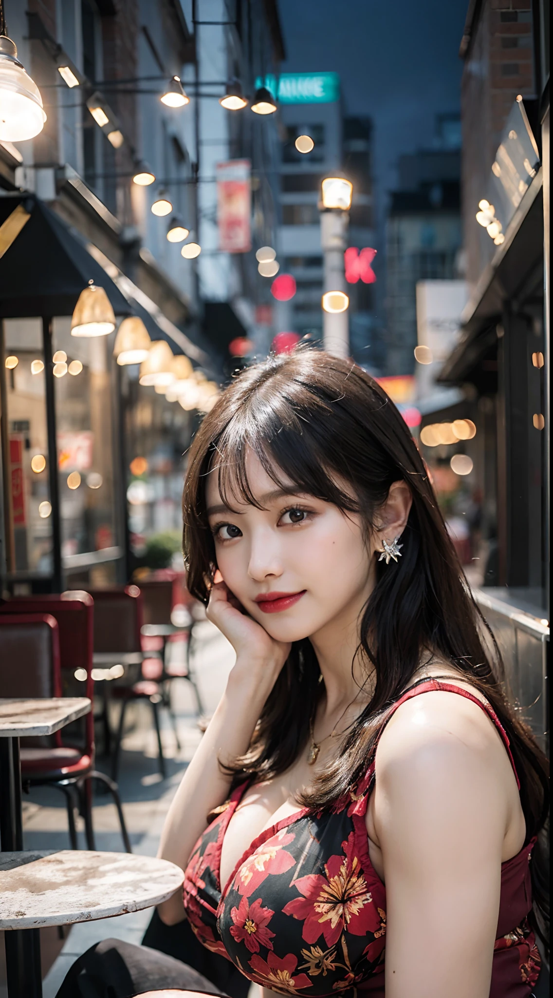 ((Best Quality, 8K, Masterpiece:1.3)), 40k, photography, Perfect Body Beauty:1.4, Cinematic lighting, Black long hair, straight Bangs, (red batik:1.1) , (in front of cafe:1.2), Highly detailed face and skin texture, Detailed Eyes, Double eyelids, skin brightening, perfect faces, (Huge breasts:1.5), (nighttime), Smile, Earrings, necklaces, mature women, coffee on table, (a women sitting in front of cafe),