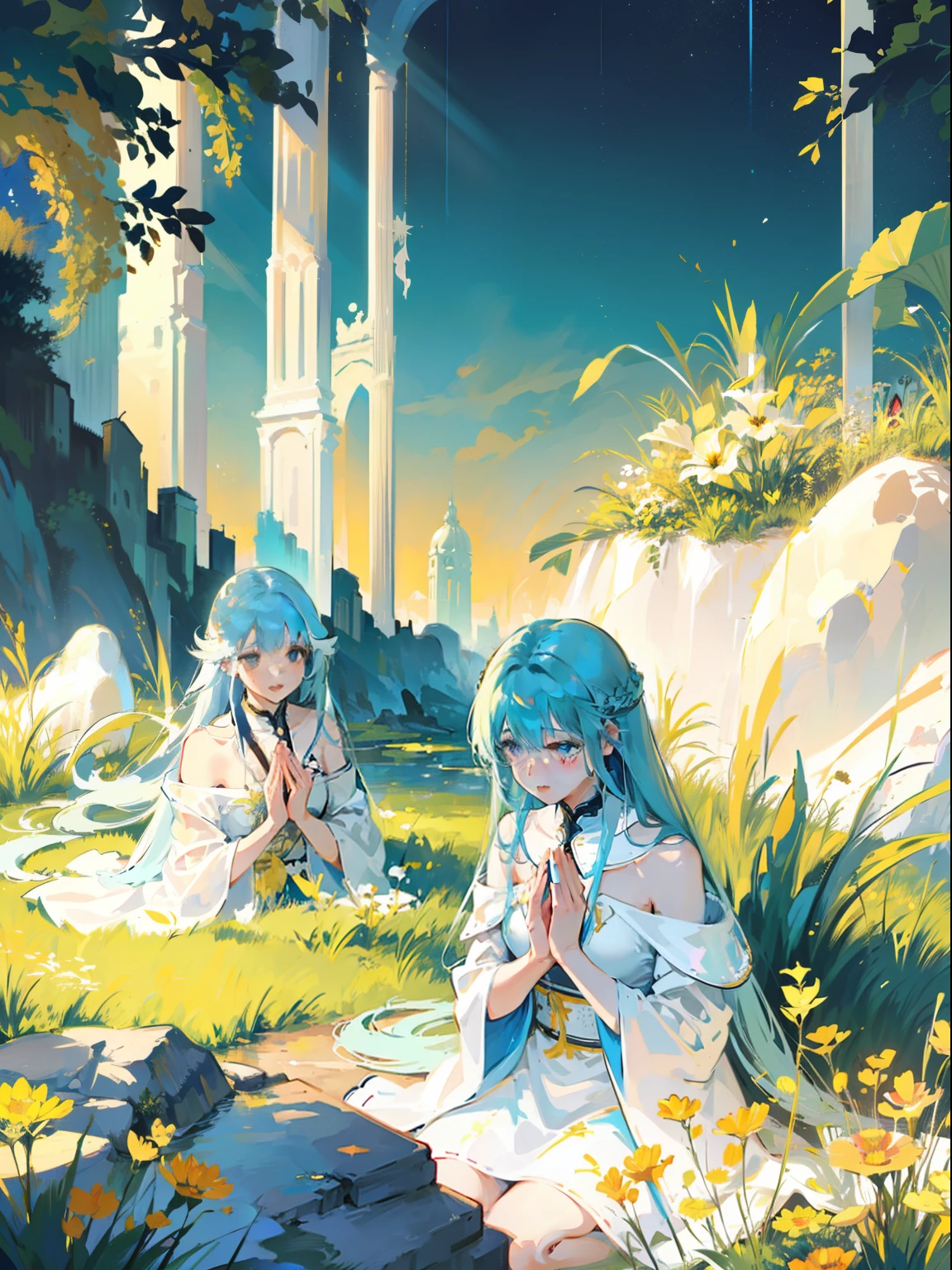 two girls praying, long white and blue hair, clear glass material, Caustic,  particles, golden light, fluorescent, warm color palette, utilitarian, organic shapes and lines, illustration, danish design, facing front, bright light, bright color, realistic light and shadow, wild flowers background, flat illustrations --ar 9:16 --niji 5 -