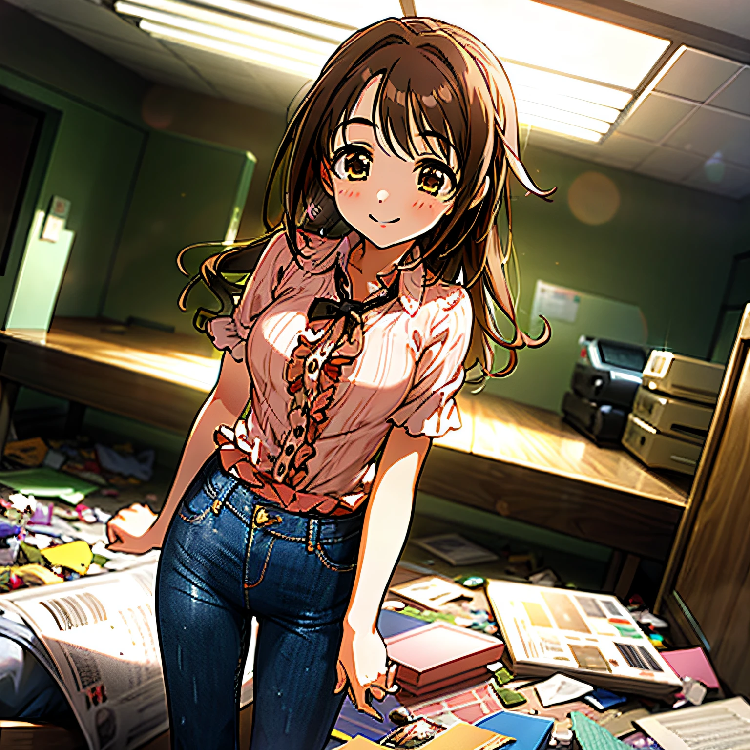 masterpiece,Best Quality, 1girl, Uzuki Shimamura, shy smile, frilled shirt, jeans, in a dimly lit room, Scattered garbage