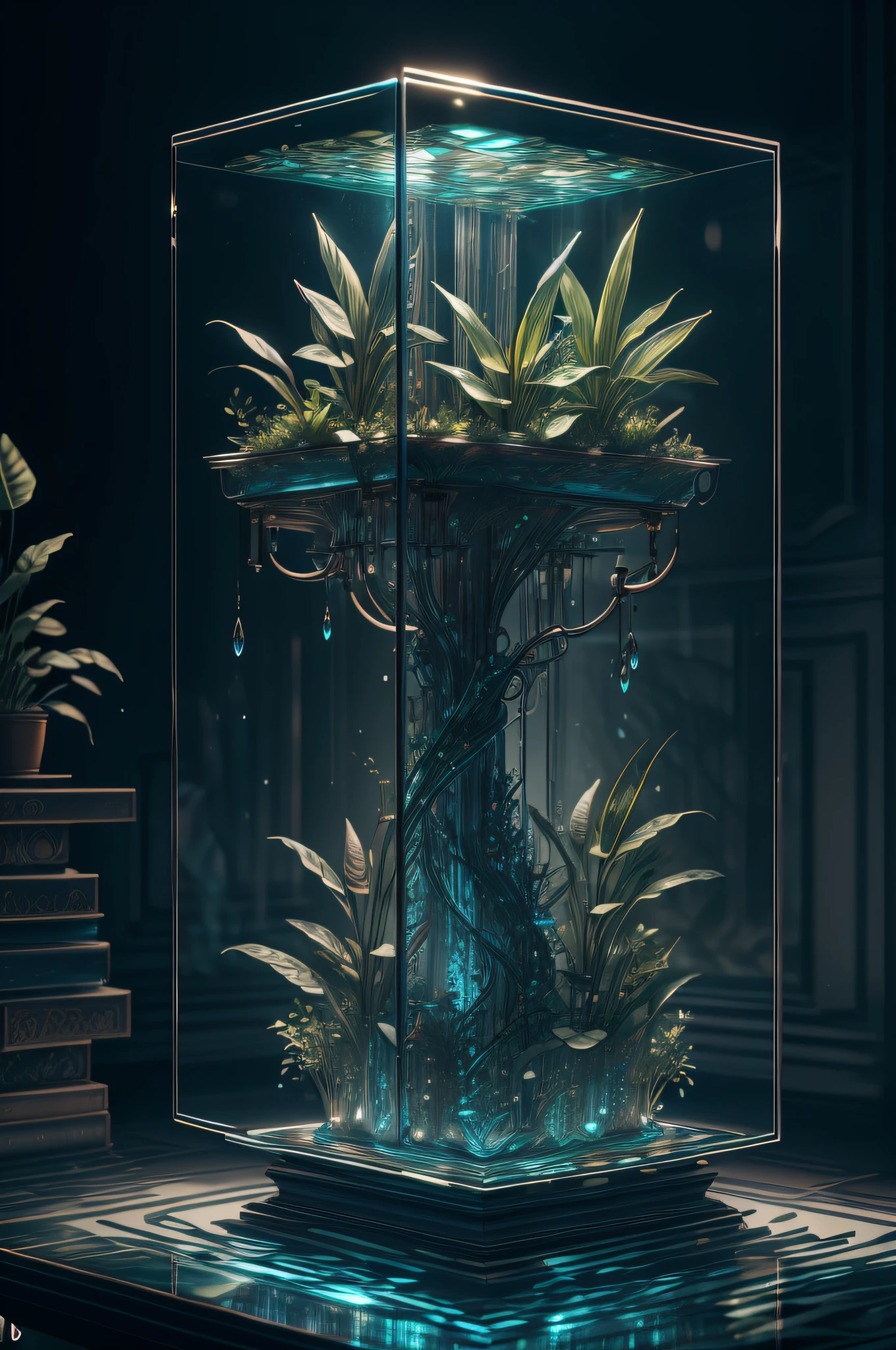 masterpiece of glass sculpture with plants inside, water, glowing, fantasy, high quality, high detail, best quality, rtx, 4k, 8k,