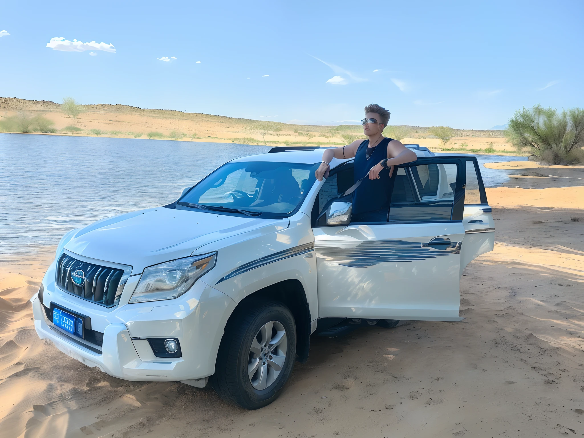 Alafeld man in the driver's seat of a white SUV, luxury goods, full body wide shot, not cropped, photograph taken in 2 0 2 0, at the desert, fine art piece, jinyiwei, Edited, high-quality picture, Photo Hot, Beautiful man, Stylish pose, river in front of him, in a desert, Handsome